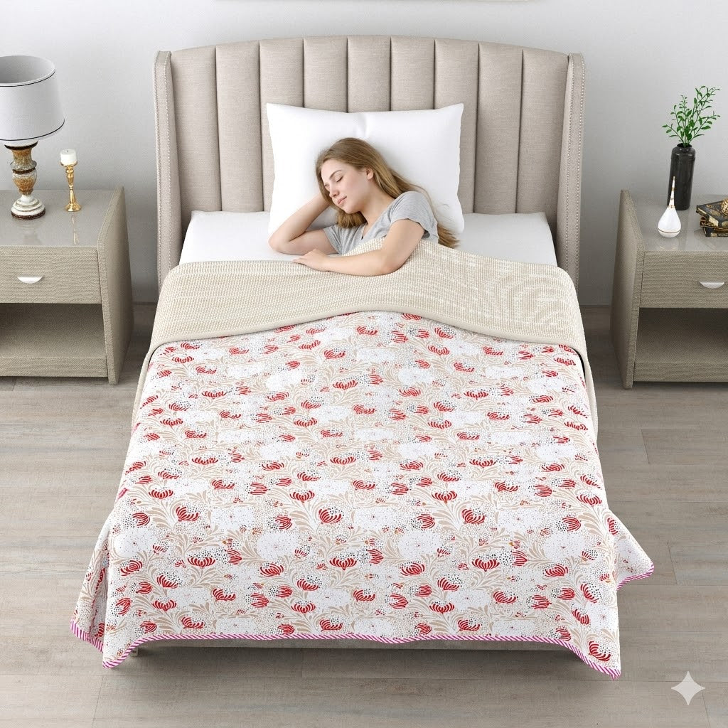 Living Roots Hand Block Floral Printed | Single Bed Dohar Lightweight For Summer Mild Winters AC Reversible Soft Comforter | No Colour Bleeding, Red Colour, 56*86 inches, 150TC (11-029-B)