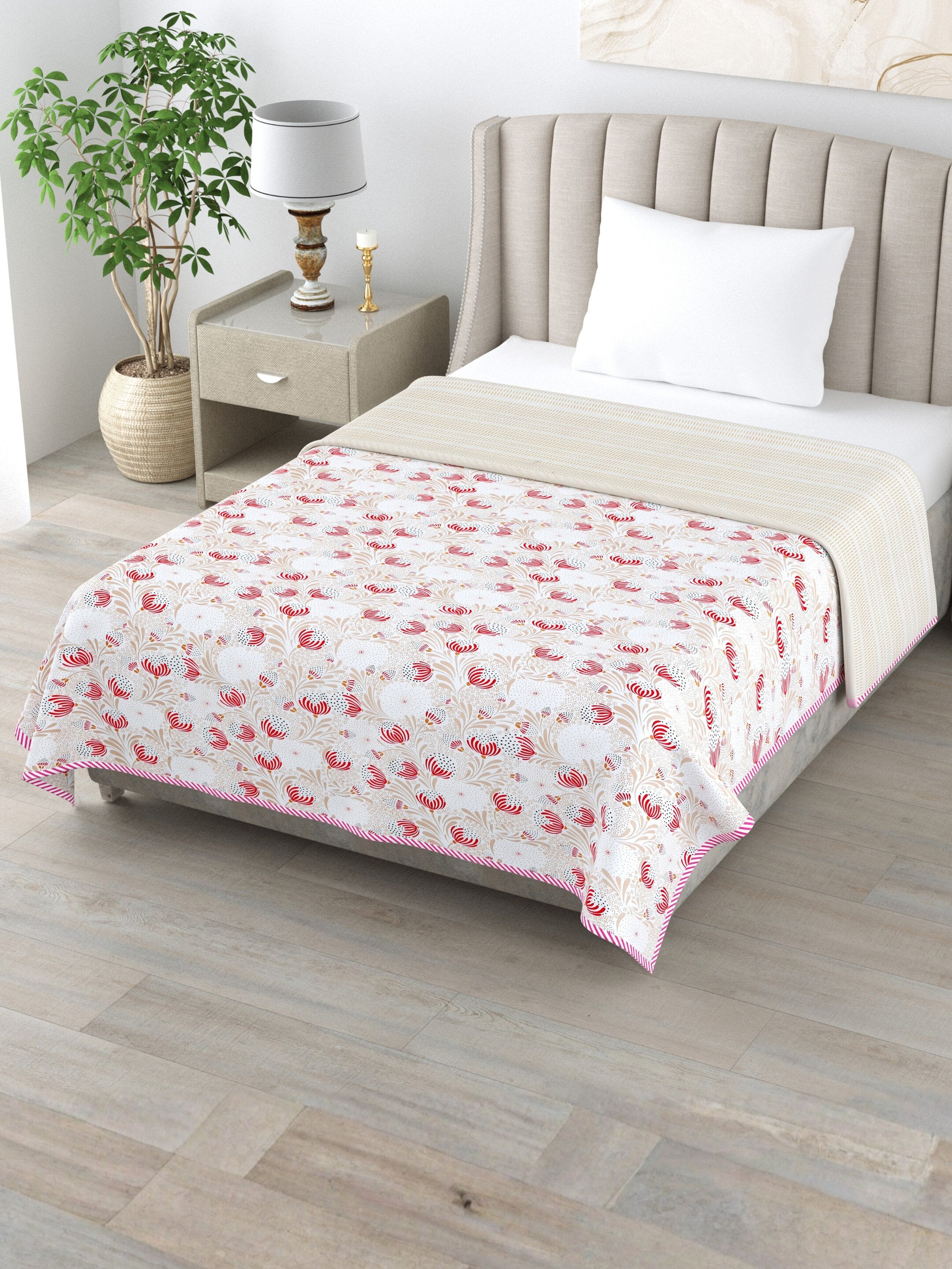 Living Roots Hand Block Floral Printed | Single Bed Dohar Lightweight For Summer Mild Winters AC Reversible Soft Comforter | No Colour Bleeding, Red Colour, 56*86 inches, 150TC (11-029-B)