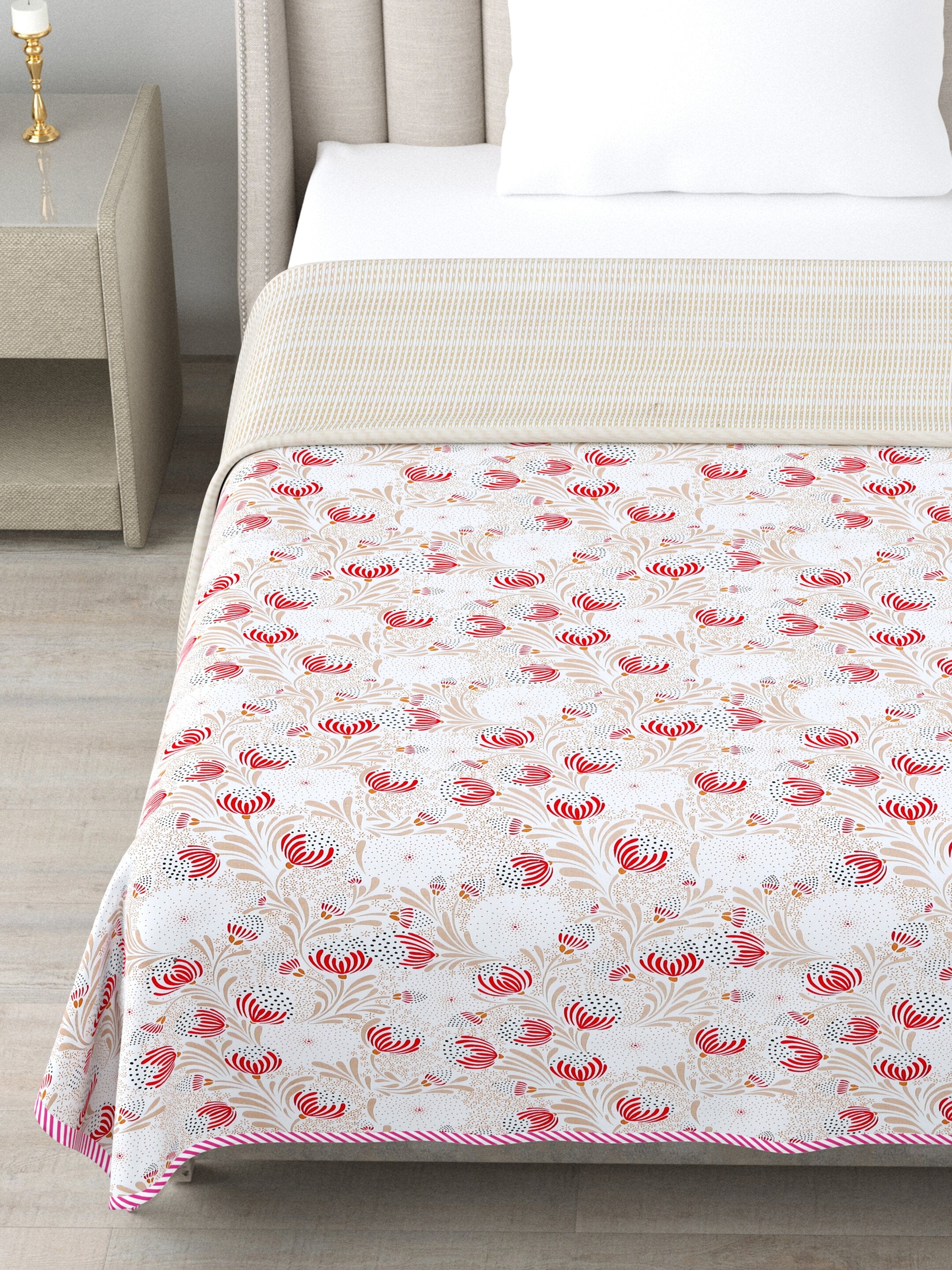 Living Roots Hand Block Floral Printed | Single Bed Dohar Lightweight For Summer Mild Winters AC Reversible Soft Comforter | No Colour Bleeding, Red Colour, 56*86 inches, 150TC (11-029-B)