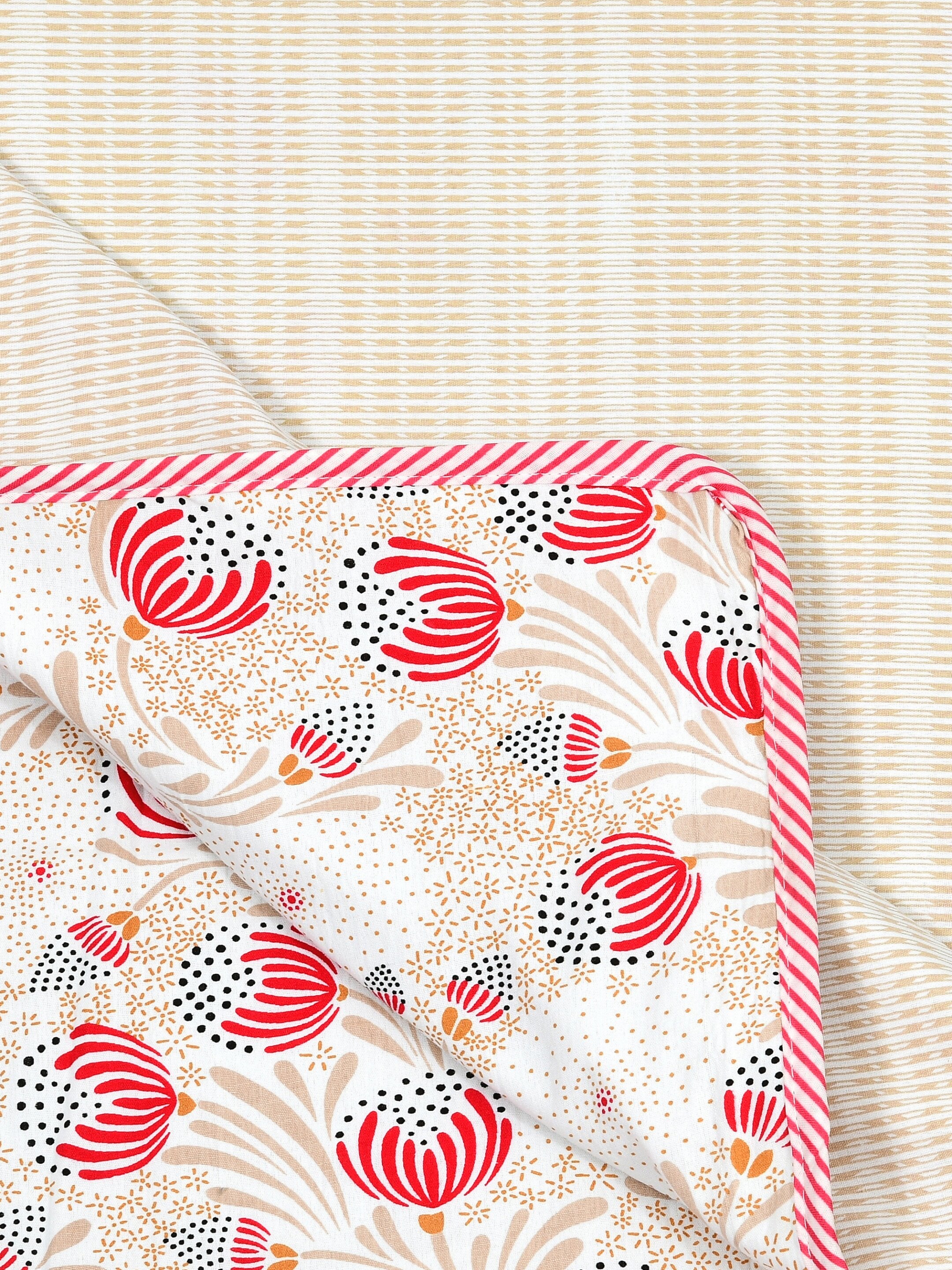 Living Roots Hand Block Floral Printed | Single Bed Dohar Lightweight For Summer Mild Winters AC Reversible Soft Comforter | No Colour Bleeding, Red Colour, 56*86 inches, 150TC (11-029-B)