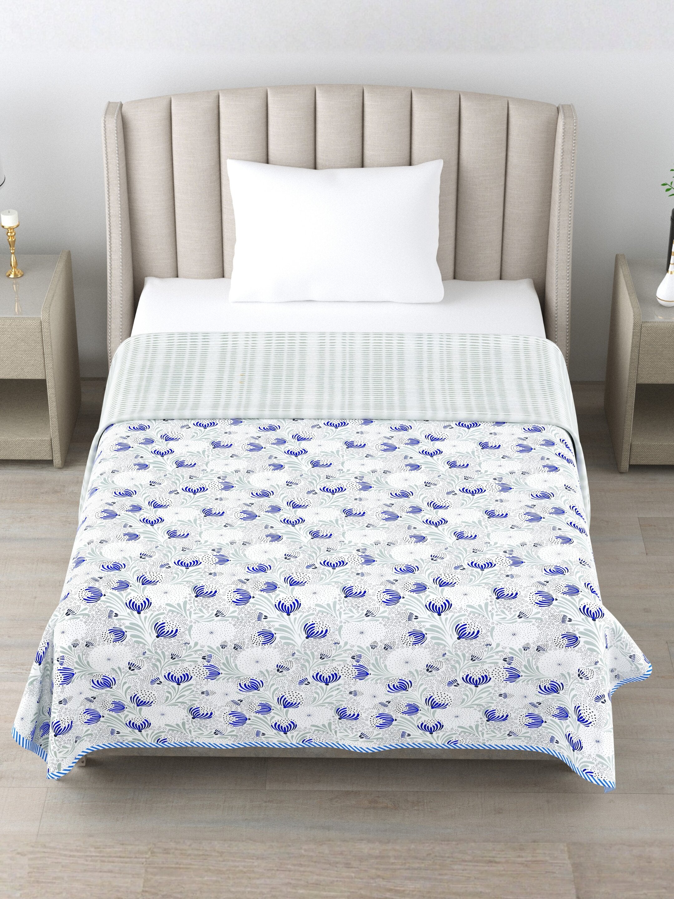Living Roots Hand Block Floral Printed | Single Bed Dohar Lightweight For Summer Mild Winters AC Reversible Soft Comforter | No Colour Bleeding, Blue Colour, 56*86 inches, 150TC (11-029-C)