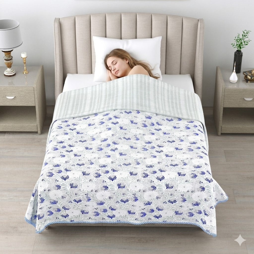 Living Roots Hand Block Floral Printed | Single Bed Dohar Lightweight For Summer Mild Winters AC Reversible Soft Comforter | No Colour Bleeding, Blue Colour, 56*86 inches, 150TC (11-029-C)