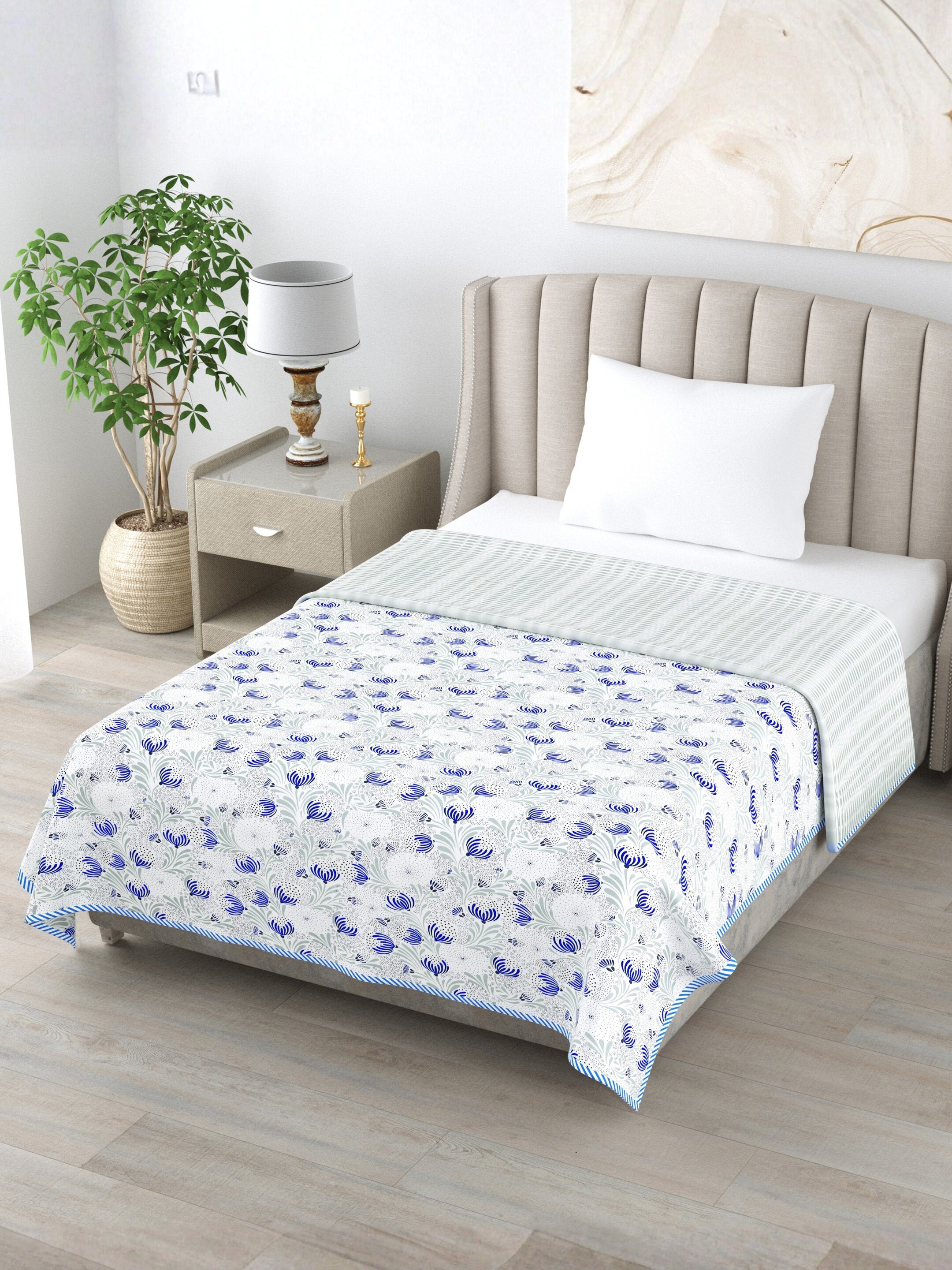 Living Roots Hand Block Floral Printed | Single Bed Dohar Lightweight For Summer Mild Winters AC Reversible Soft Comforter | No Colour Bleeding, Blue Colour, 56*86 inches, 150TC (11-029-C)