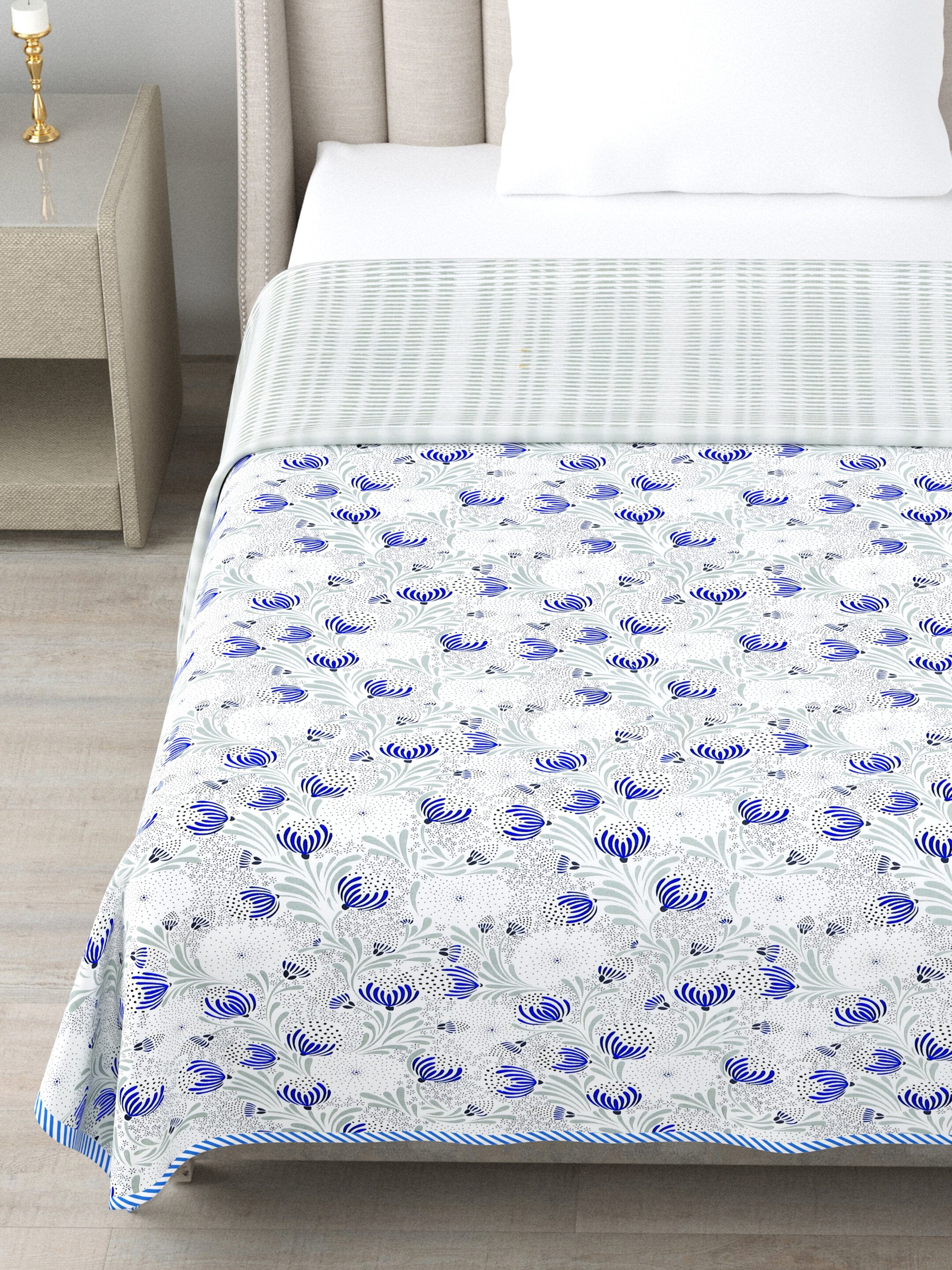 Living Roots Hand Block Floral Printed | Single Bed Dohar Lightweight For Summer Mild Winters AC Reversible Soft Comforter | No Colour Bleeding, Blue Colour, 56*86 inches, 150TC (11-029-C)