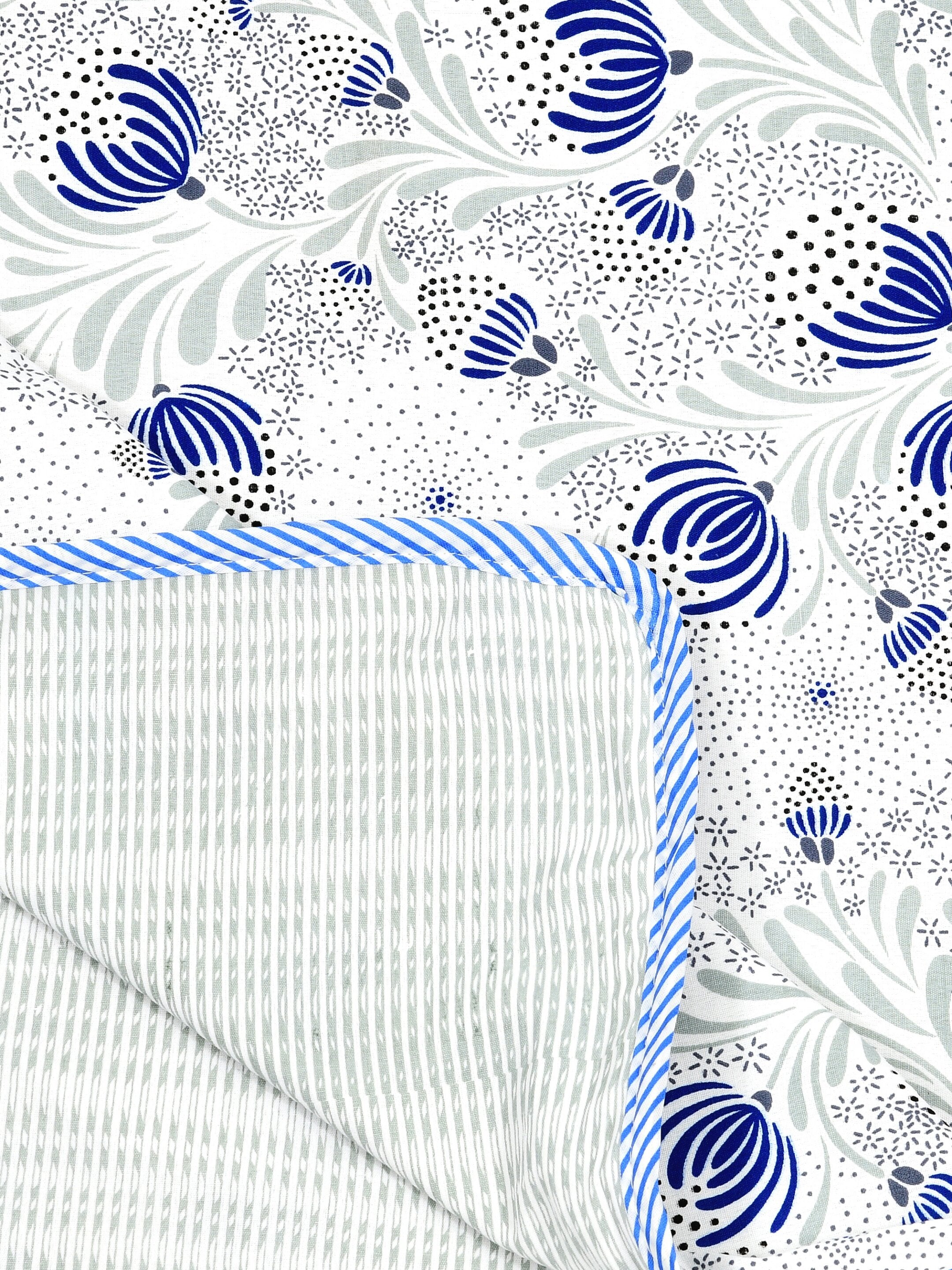 Living Roots Hand Block Floral Printed | Single Bed Dohar Lightweight For Summer Mild Winters AC Reversible Soft Comforter | No Colour Bleeding, Blue Colour, 56*86 inches, 150TC (11-029-C)