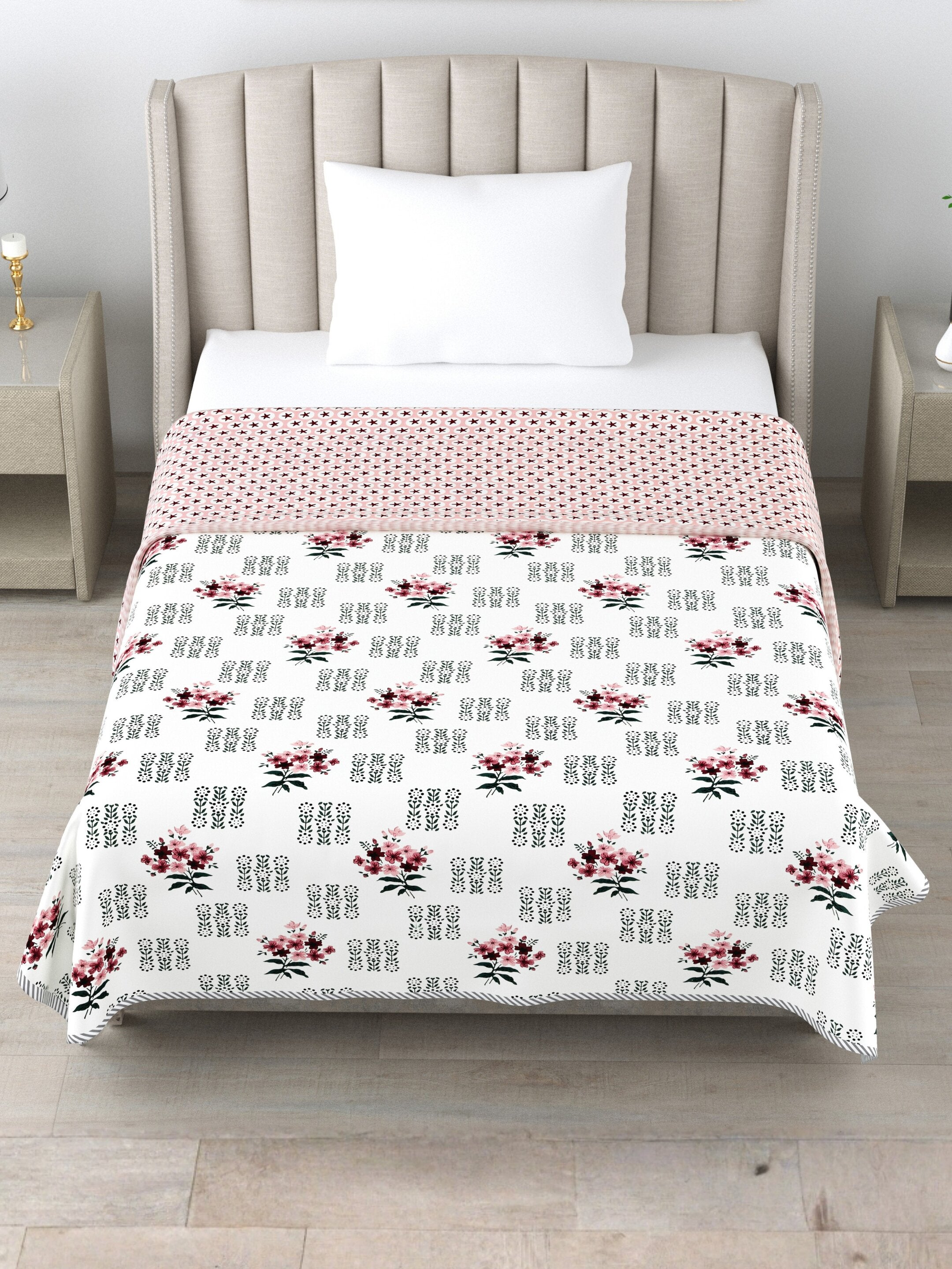 Living Roots Hand Block Floral Printed | Single Bed Dohar Lightweight For Summer Mild Winters AC Reversible Soft Comforter | No Colour Bleeding, Black Colour, 56*86 inches, 150TC (11-030-A)