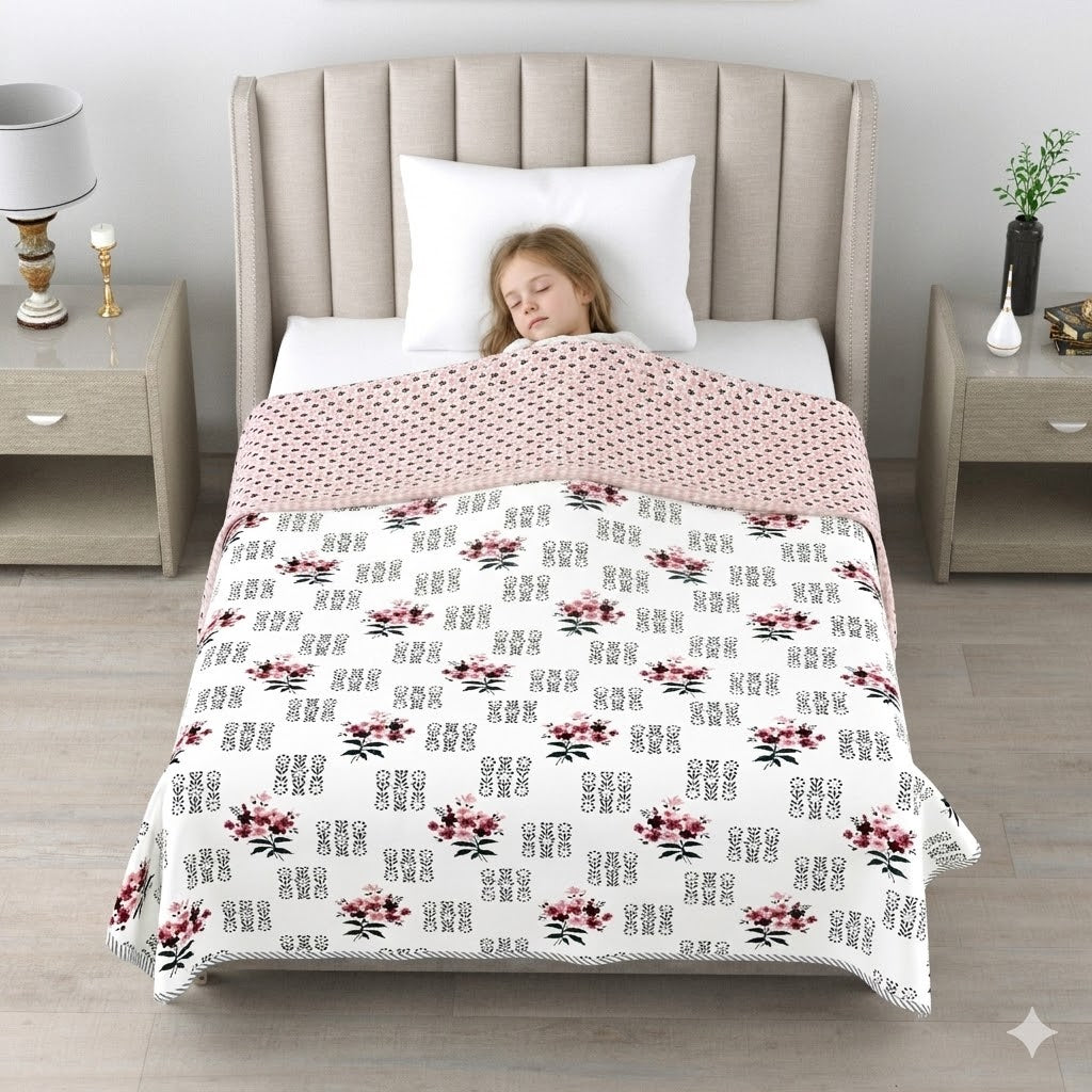 Living Roots Hand Block Floral Printed | Single Bed Dohar Lightweight For Summer Mild Winters AC Reversible Soft Comforter | No Colour Bleeding, Black Colour, 56*86 inches, 150TC (11-030-A)