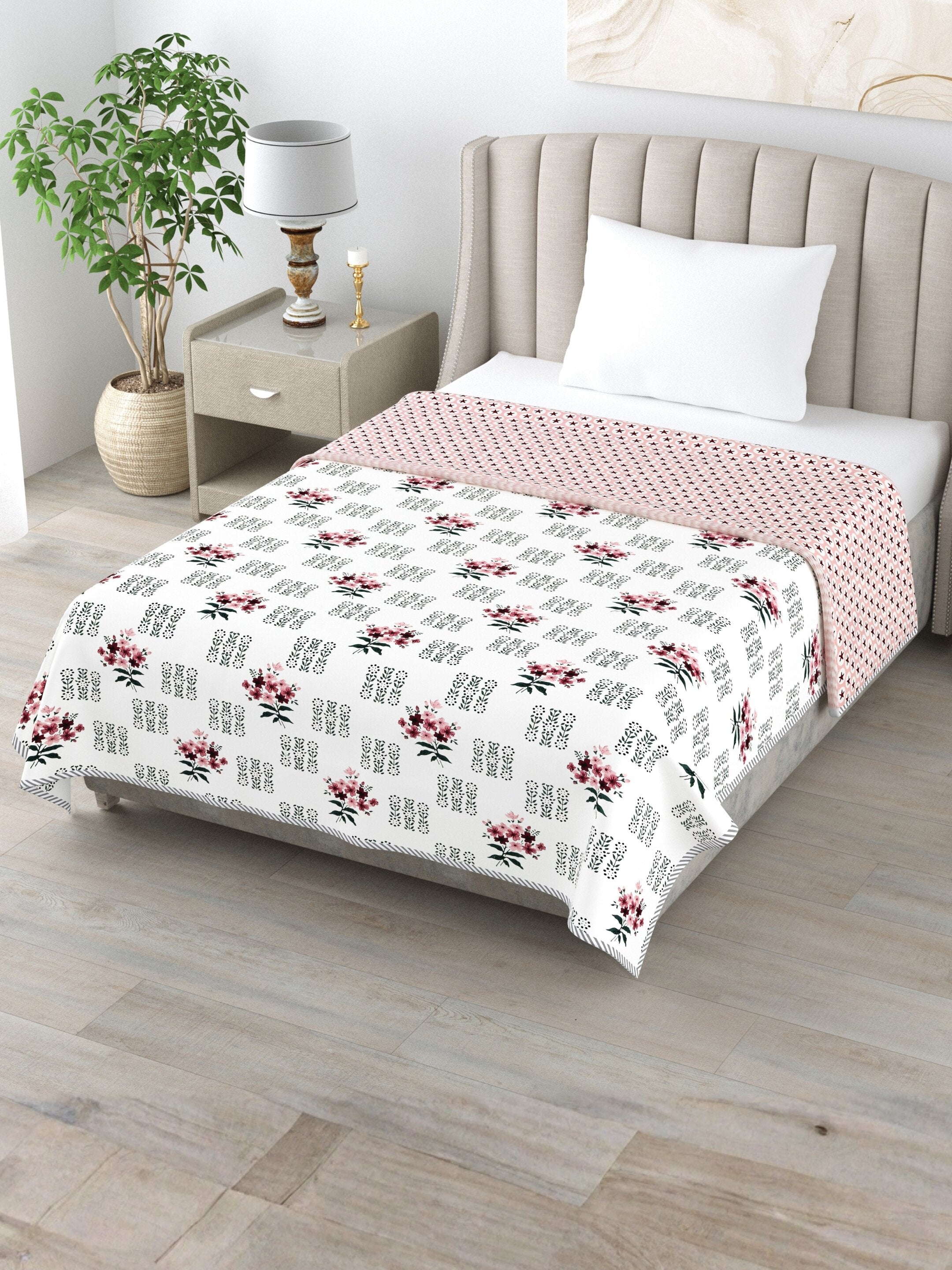 Living Roots Hand Block Floral Printed | Single Bed Dohar Lightweight For Summer Mild Winters AC Reversible Soft Comforter | No Colour Bleeding, Black Colour, 56*86 inches, 150TC (11-030-A)