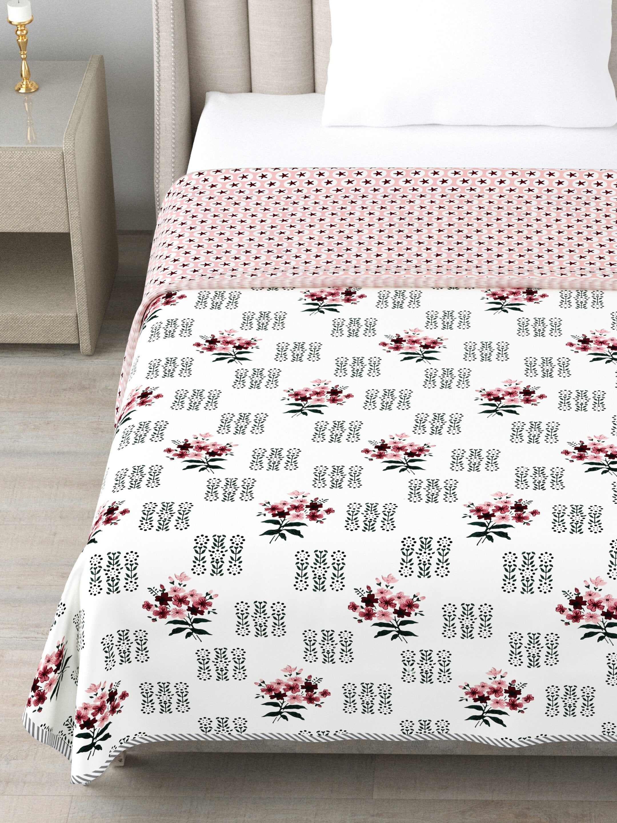 Living Roots Hand Block Floral Printed | Single Bed Dohar Lightweight For Summer Mild Winters AC Reversible Soft Comforter | No Colour Bleeding, Black Colour, 56*86 inches, 150TC (11-030-A)