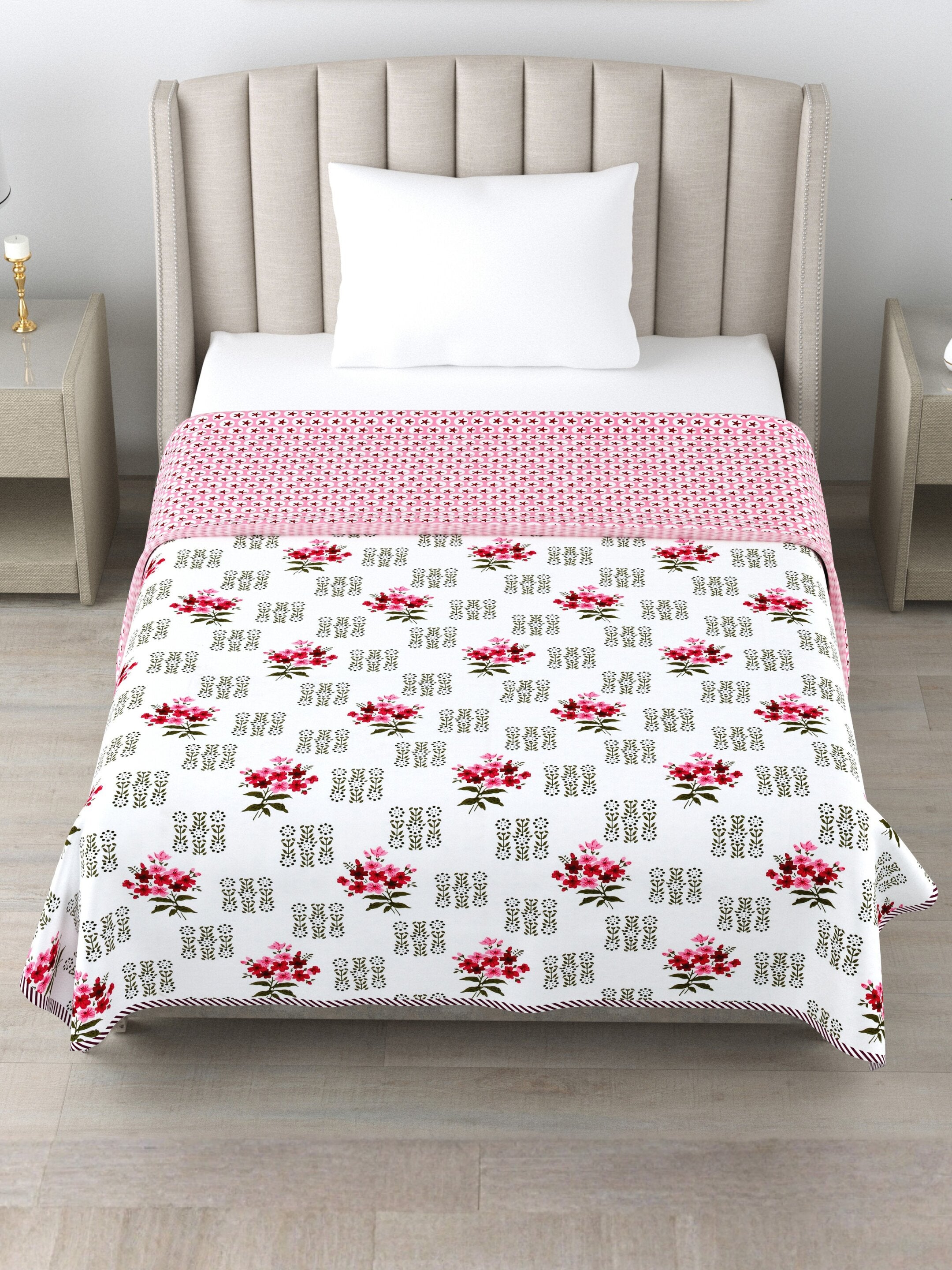 Living Roots Hand Block Floral Printed | Single Bed Dohar Lightweight For Summer Mild Winters AC Reversible Soft Comforter | No Colour Bleeding, Red Colour, 56*86 inches, 150TC (11-030-B)