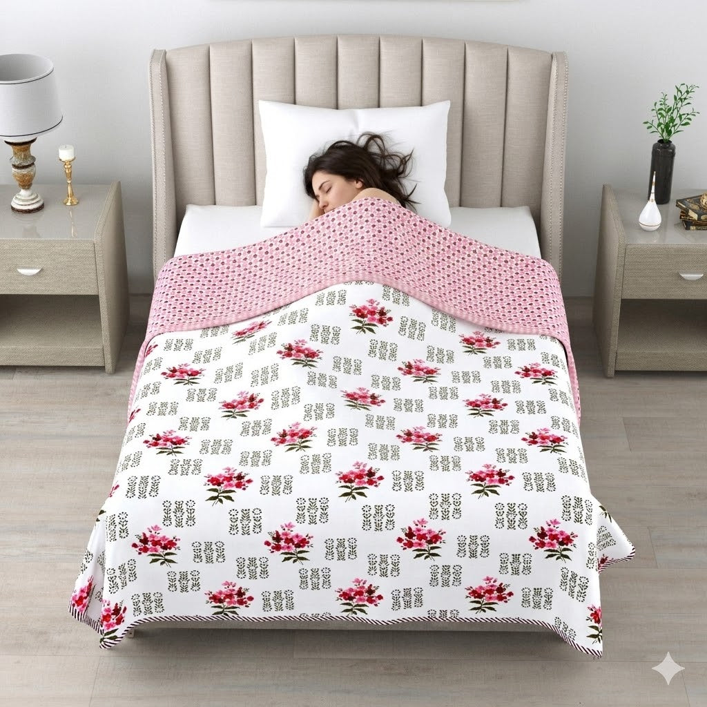 Living Roots Hand Block Floral Printed | Single Bed Dohar Lightweight For Summer Mild Winters AC Reversible Soft Comforter | No Colour Bleeding, Red Colour, 56*86 inches, 150TC (11-030-B)