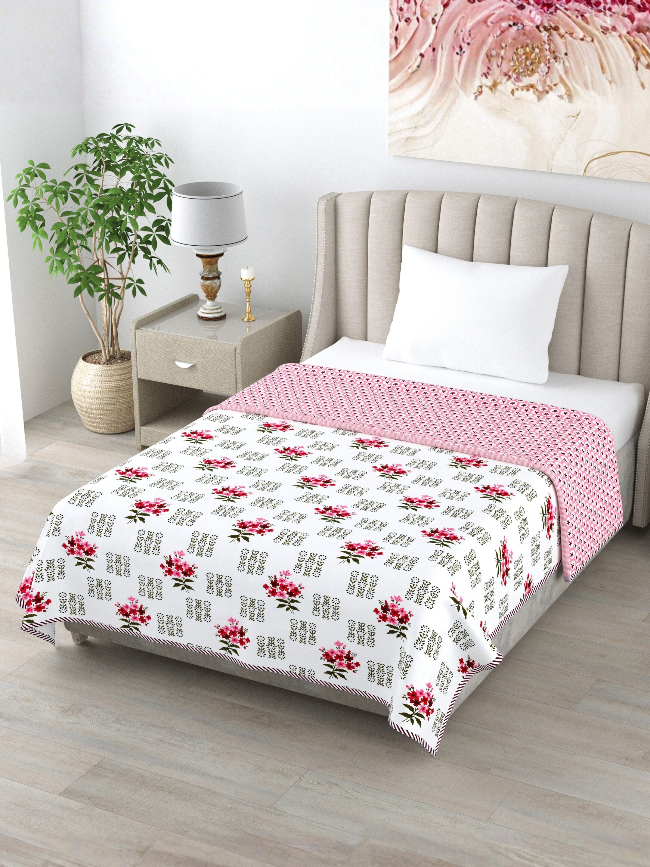 Living Roots Hand Block Floral Printed | Single Bed Dohar Lightweight For Summer Mild Winters AC Reversible Soft Comforter | No Colour Bleeding, Red Colour, 56*86 inches, 150TC (11-030-B)