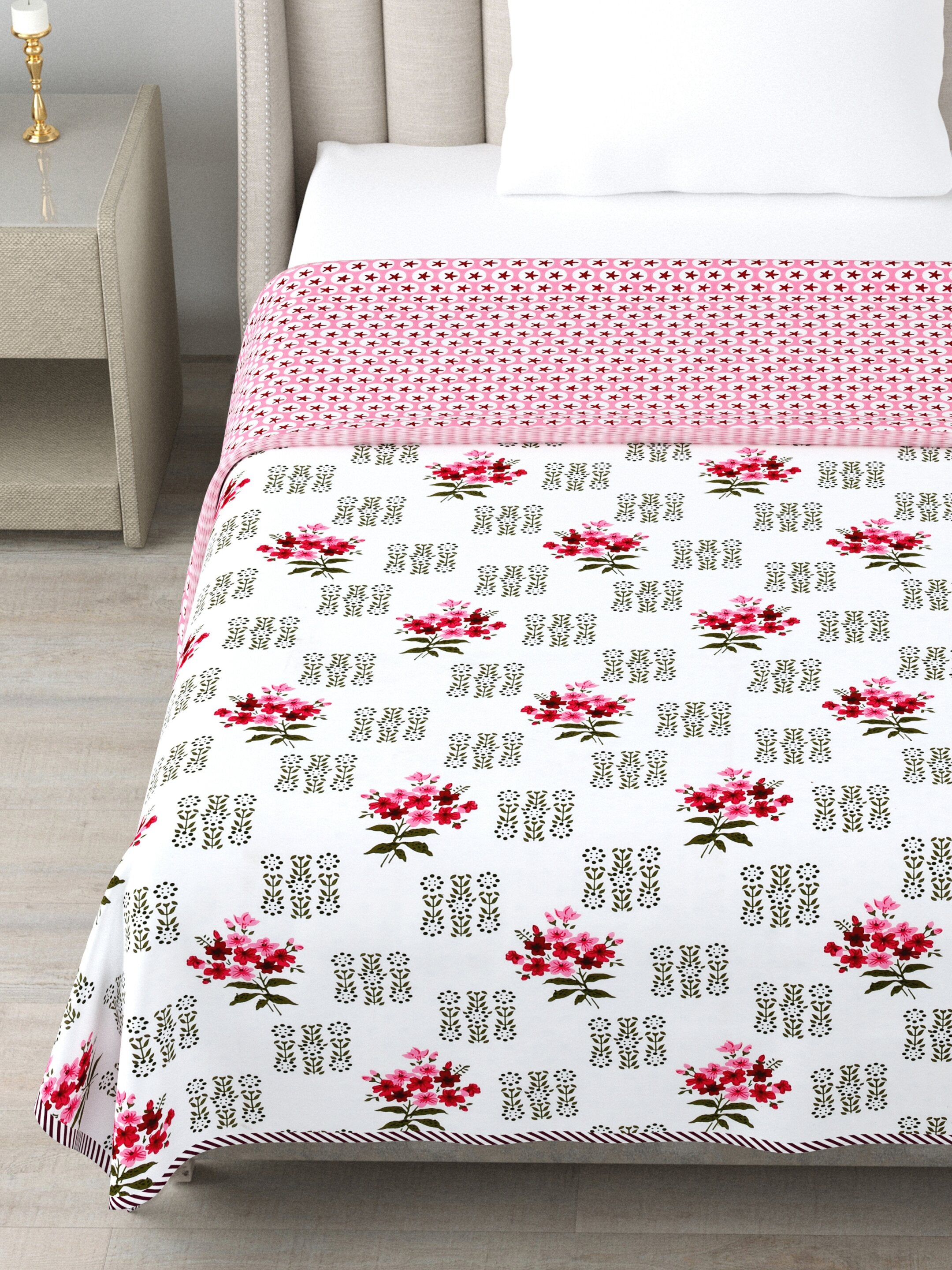 Living Roots Hand Block Floral Printed | Single Bed Dohar Lightweight For Summer Mild Winters AC Reversible Soft Comforter | No Colour Bleeding, Red Colour, 56*86 inches, 150TC (11-030-B)