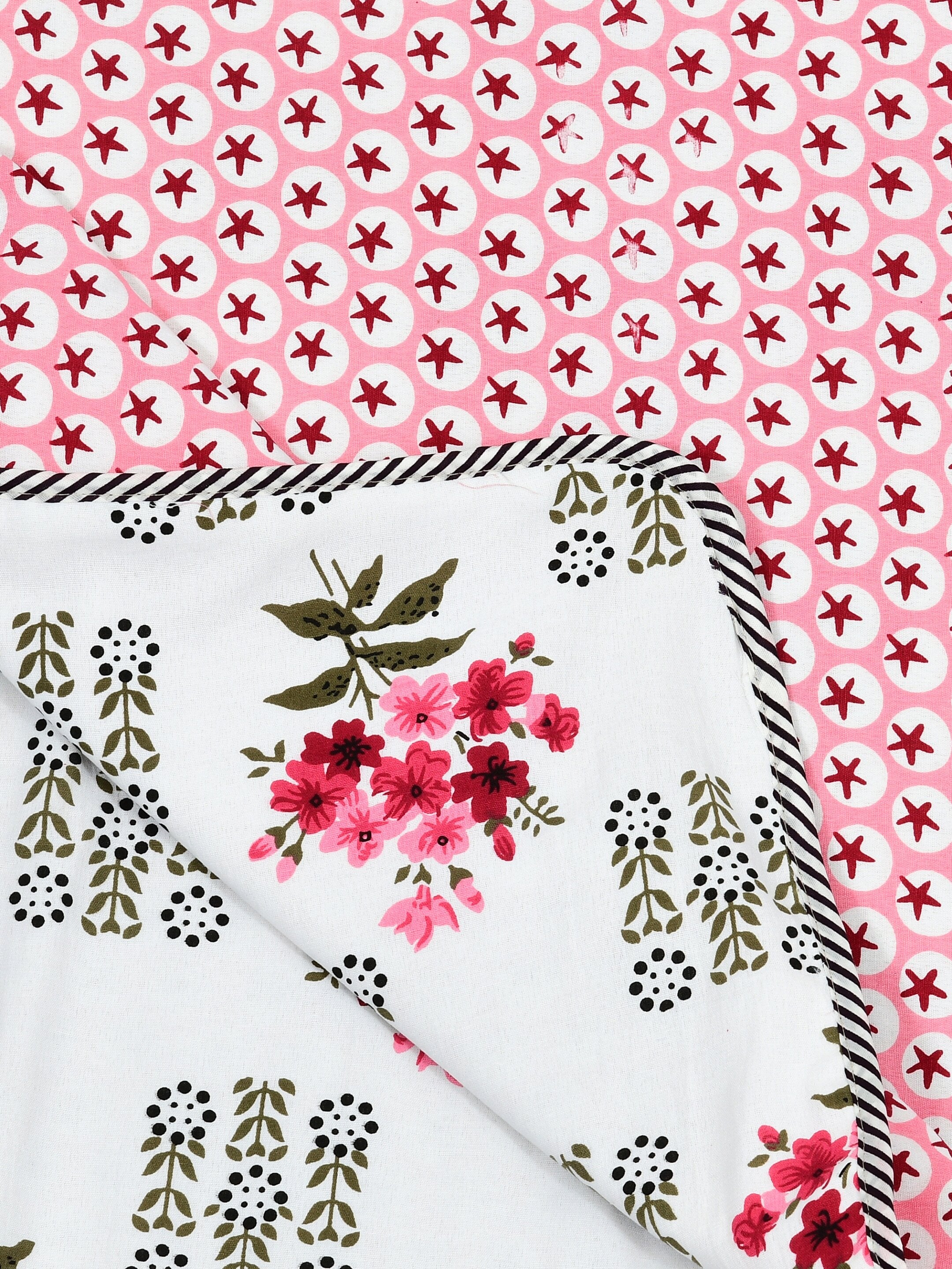 Living Roots Hand Block Floral Printed | Single Bed Dohar Lightweight For Summer Mild Winters AC Reversible Soft Comforter | No Colour Bleeding, Red Colour, 56*86 inches, 150TC (11-030-B)