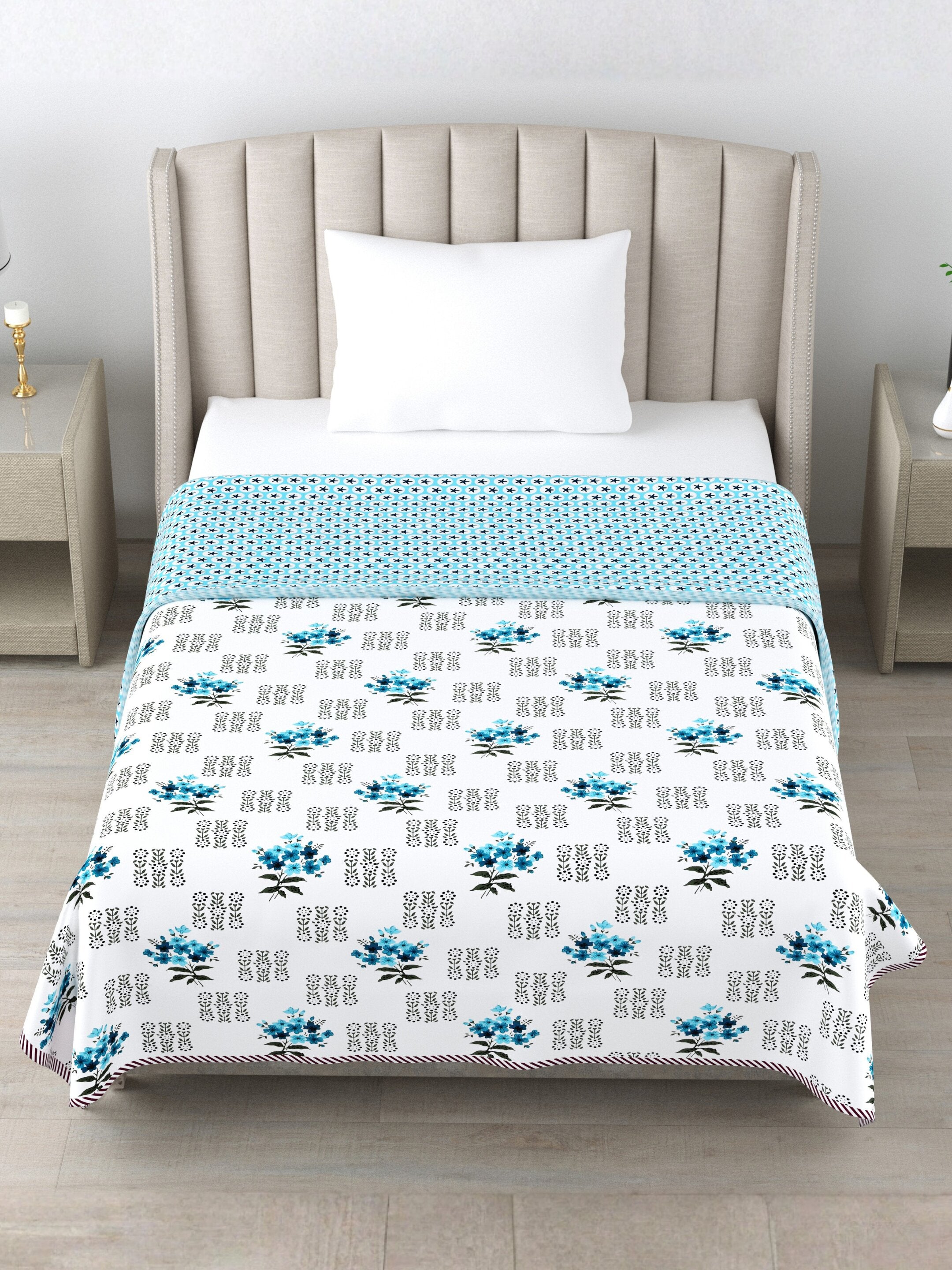 Living Roots Hand Block Floral Printed | Single Bed Dohar Lightweight For Summer Mild Winters AC Reversible Soft Comforter | No Colour Bleeding, Sky Blue Colour, 56*86 inches, 150TC (11-030-C)