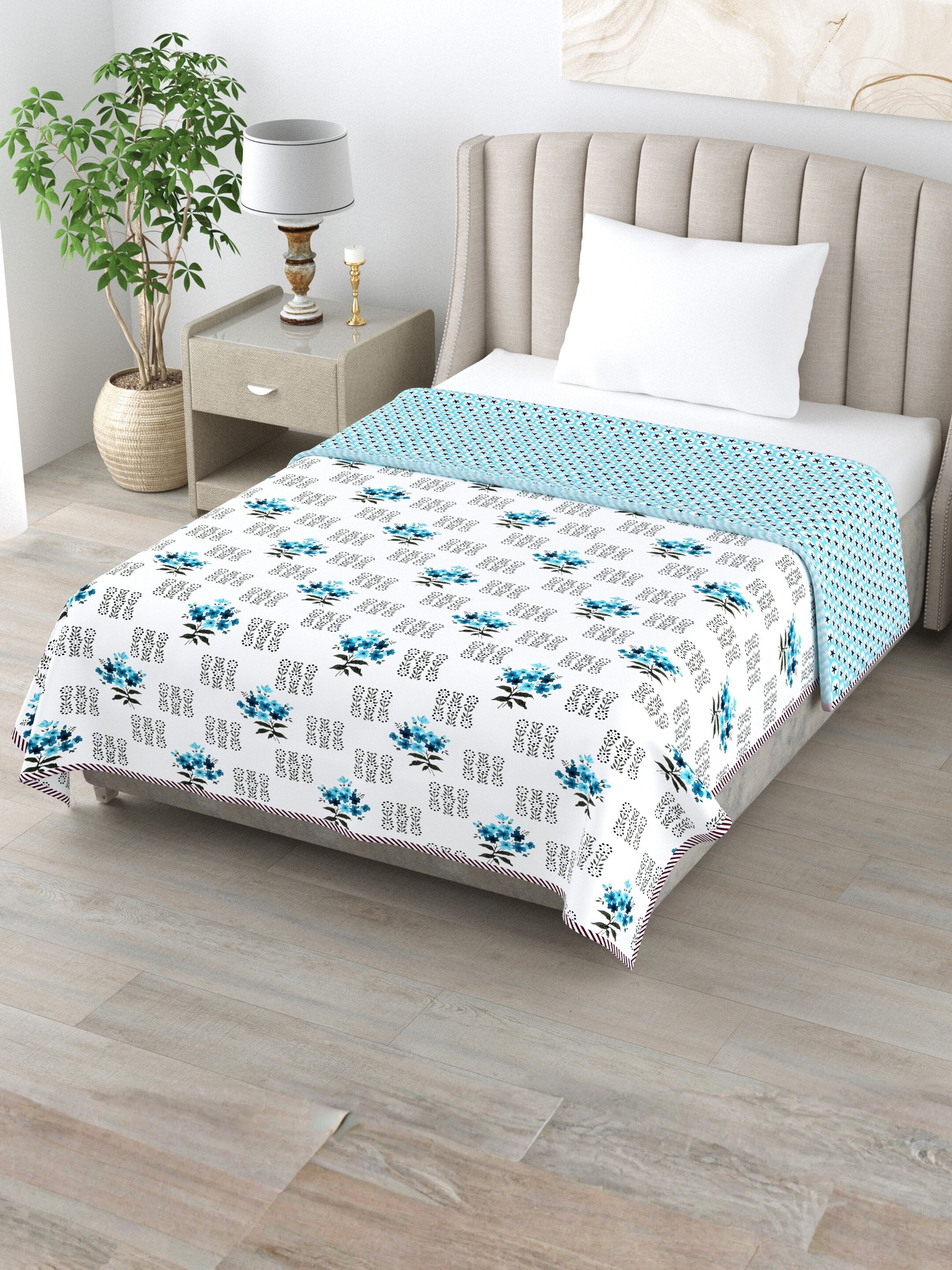 Living Roots Hand Block Floral Printed | Single Bed Dohar Lightweight For Summer Mild Winters AC Reversible Soft Comforter | No Colour Bleeding, Sky Blue Colour, 56*86 inches, 150TC (11-030-C)