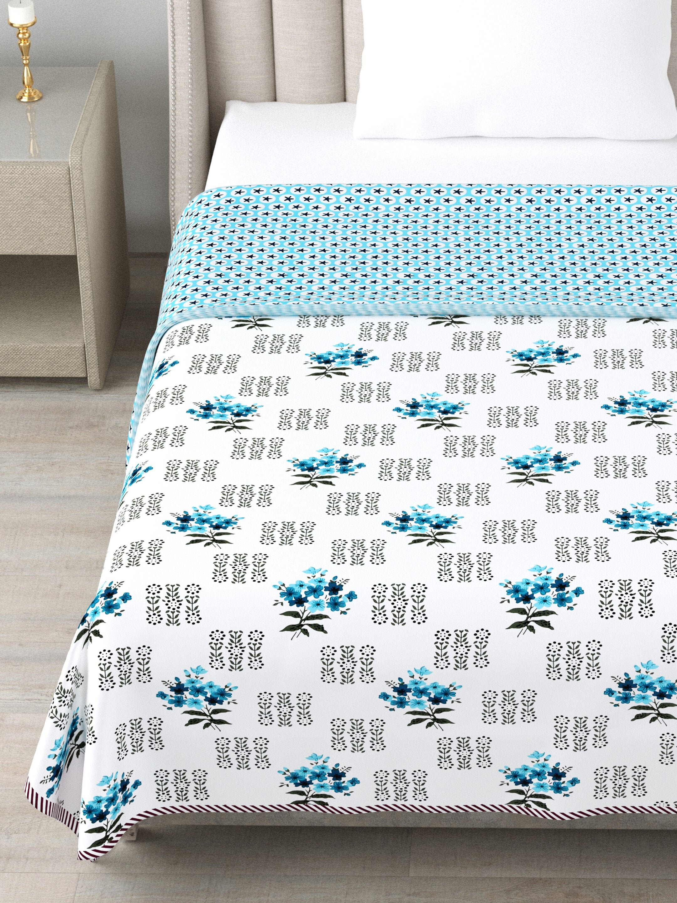 Living Roots Hand Block Floral Printed | Single Bed Dohar Lightweight For Summer Mild Winters AC Reversible Soft Comforter | No Colour Bleeding, Sky Blue Colour, 56*86 inches, 150TC (11-030-C)
