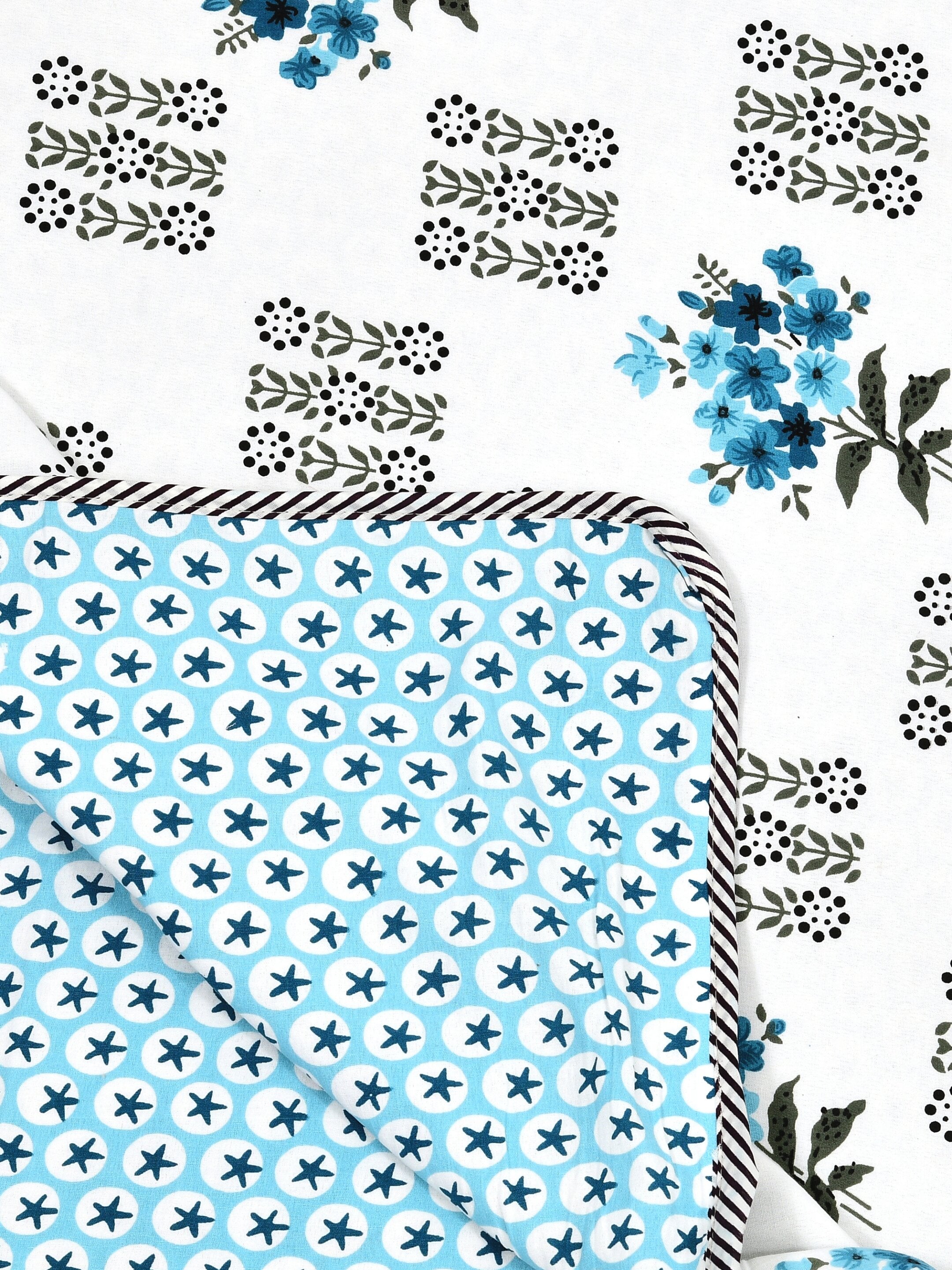 Living Roots Hand Block Floral Printed | Single Bed Dohar Lightweight For Summer Mild Winters AC Reversible Soft Comforter | No Colour Bleeding, Sky Blue Colour, 56*86 inches, 150TC (11-030-C)