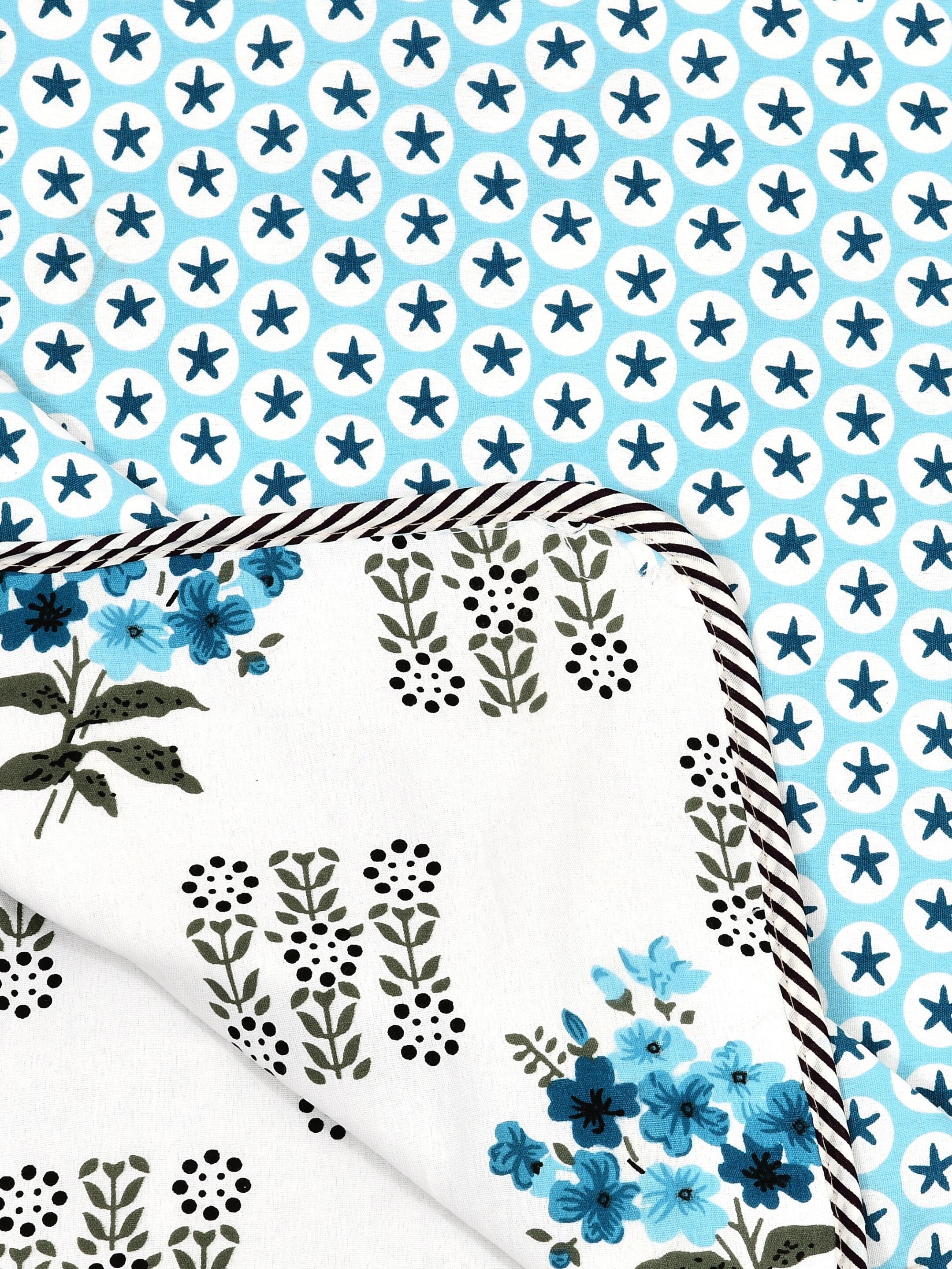 Living Roots Hand Block Floral Printed | Single Bed Dohar Lightweight For Summer Mild Winters AC Reversible Soft Comforter | No Colour Bleeding, Sky Blue Colour, 56*86 inches, 150TC (11-030-C)
