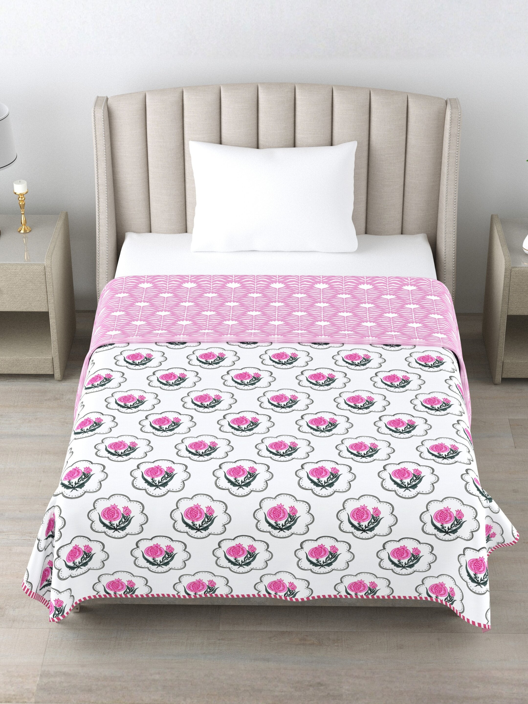 Living Roots Hand Block Floral Printed | Single Bed Dohar Lightweight For Summer Mild Winters AC Reversible Soft Comforter | No Colour Bleeding, Pink Colour, 56*86 inches, 150TC (11-031-A)
