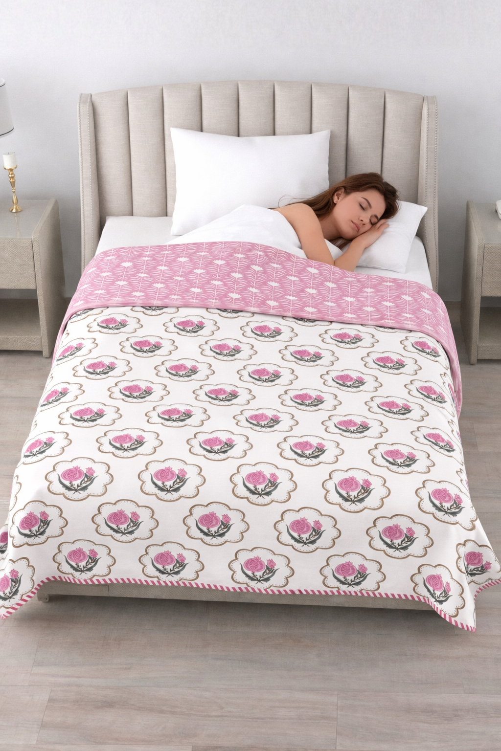 Living Roots Hand Block Floral Printed | Single Bed Dohar Lightweight For Summer Mild Winters AC Reversible Soft Comforter | No Colour Bleeding, Pink Colour, 56*86 inches, 150TC (11-031-A)