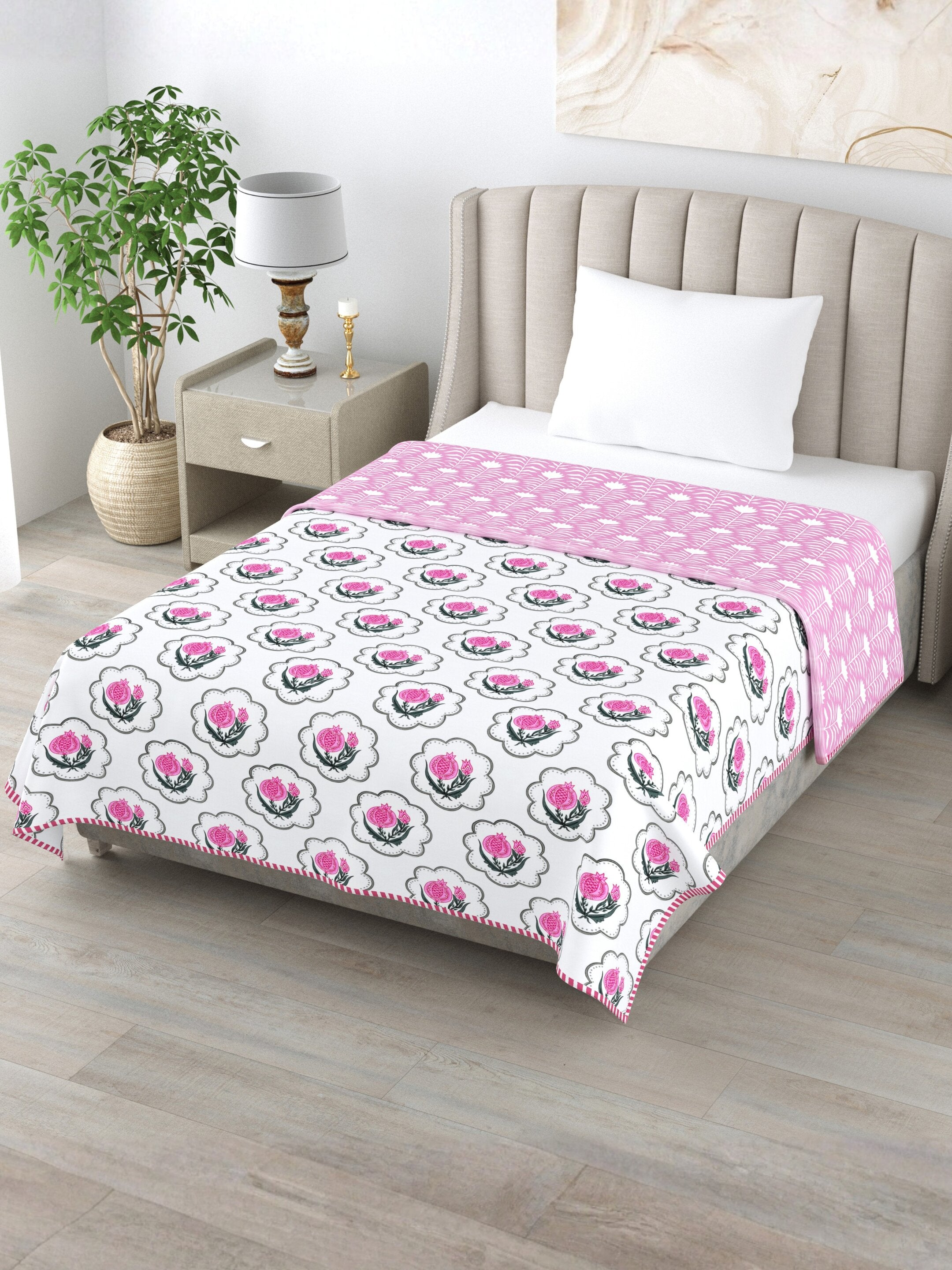 Living Roots Hand Block Floral Printed | Single Bed Dohar Lightweight For Summer Mild Winters AC Reversible Soft Comforter | No Colour Bleeding, Pink Colour, 56*86 inches, 150TC (11-031-A)