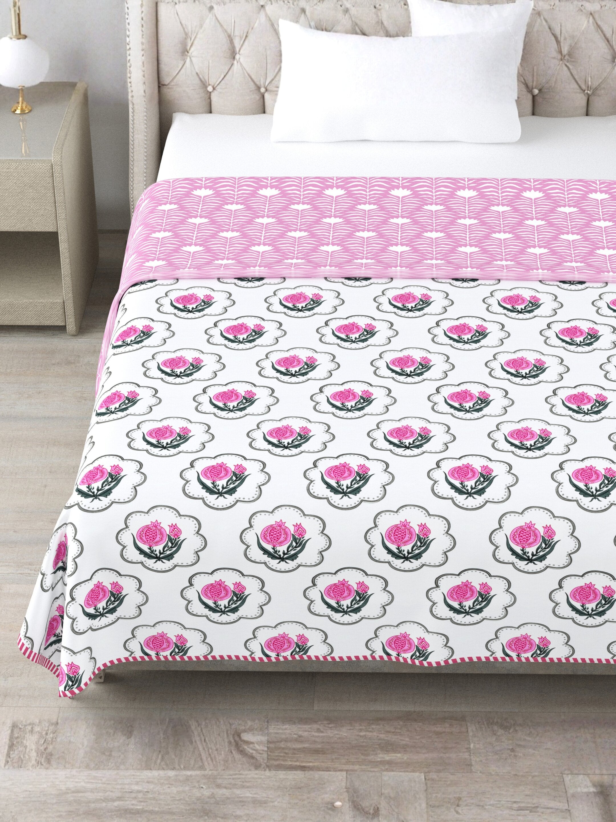 Living Roots Hand Block Floral Printed | Single Bed Dohar Lightweight For Summer Mild Winters AC Reversible Soft Comforter | No Colour Bleeding, Pink Colour, 56*86 inches, 150TC (11-031-A)