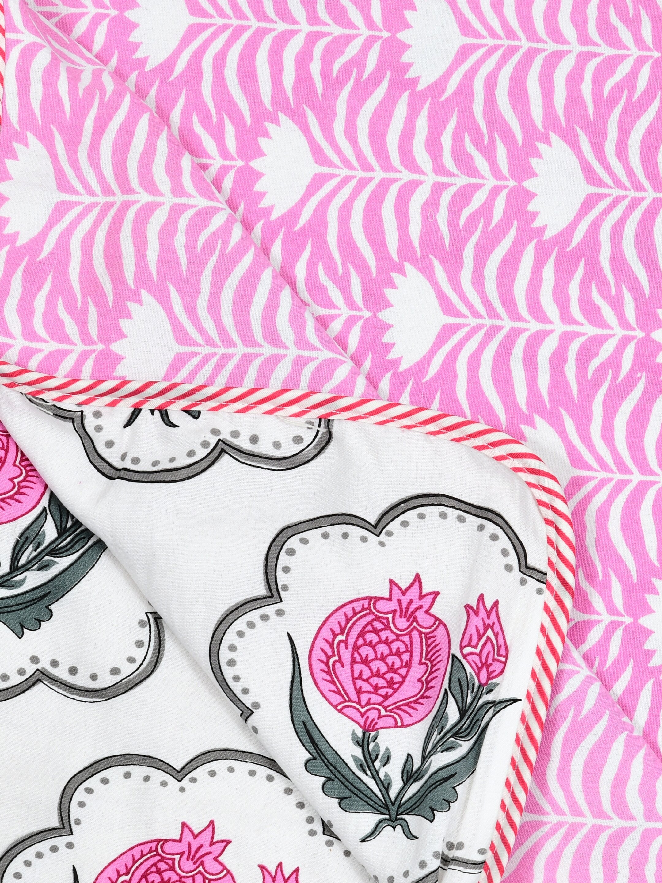 Living Roots Hand Block Floral Printed | Single Bed Dohar Lightweight For Summer Mild Winters AC Reversible Soft Comforter | No Colour Bleeding, Pink Colour, 56*86 inches, 150TC (11-031-A)