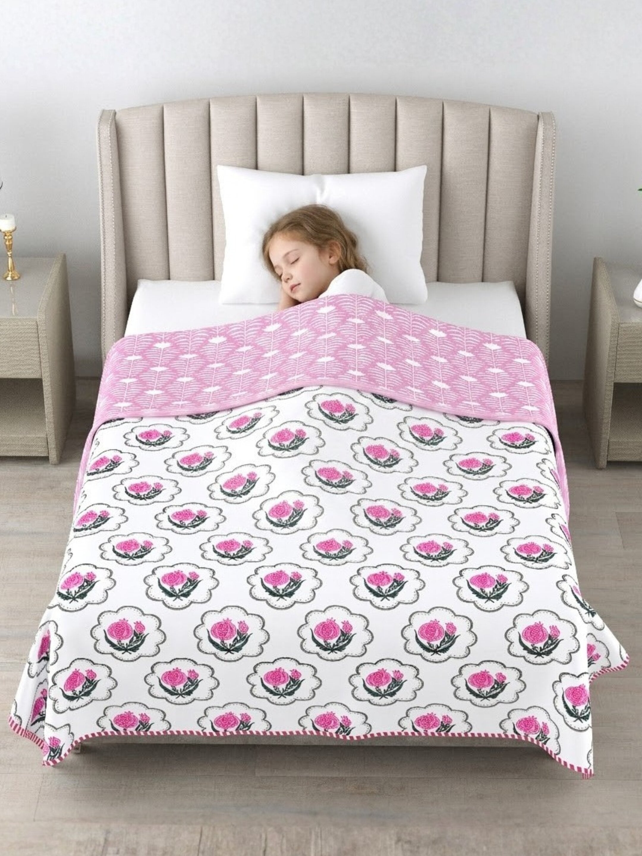 Living Roots Hand Block Floral Printed | Single Bed Dohar Lightweight For Summer Mild Winters AC Reversible Soft Comforter | No Colour Bleeding, Pink Colour, 56*86 inches, 150TC (11-031-A)