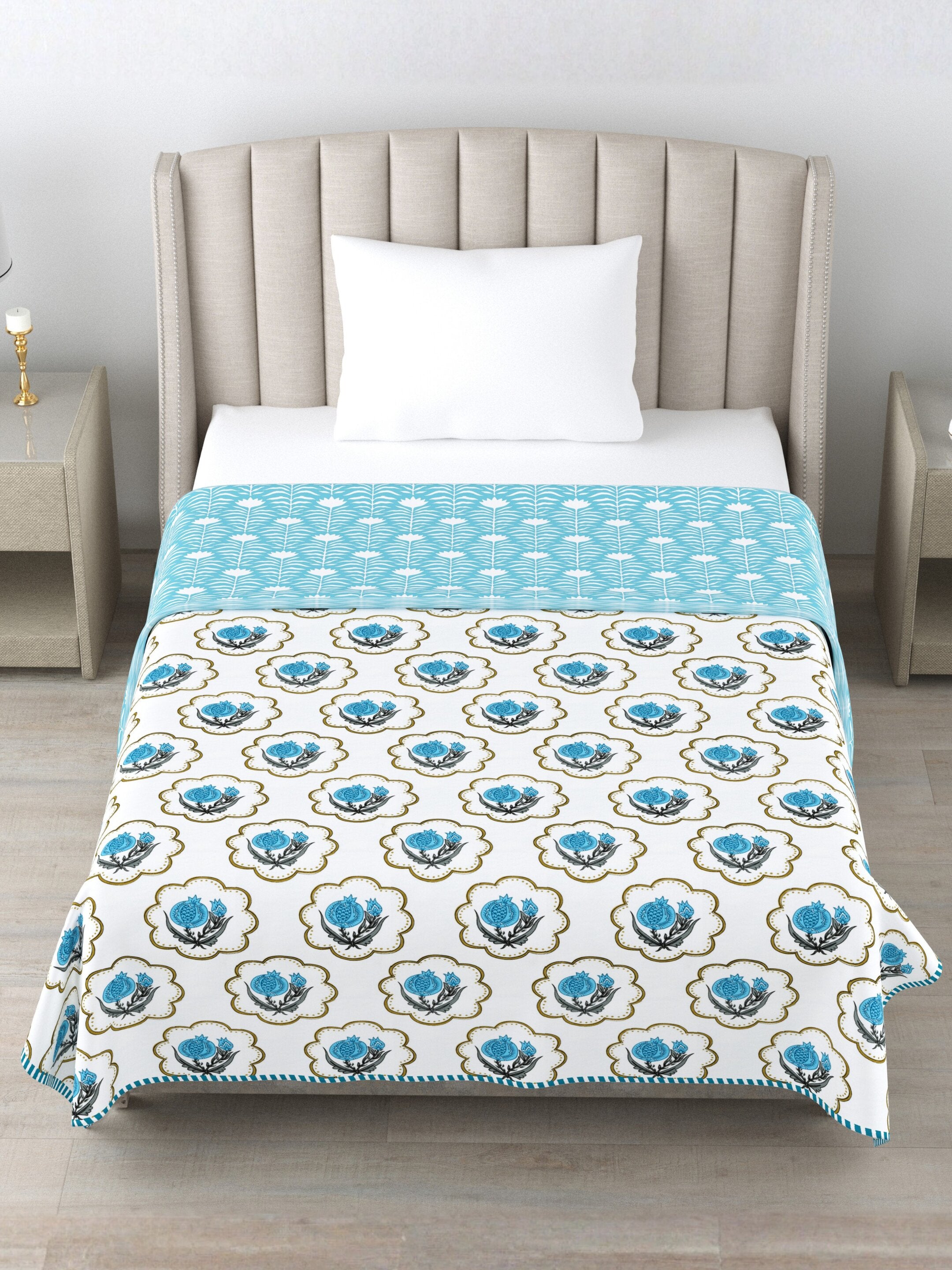 Living Roots Hand Block Floral Printed | Single Bed Dohar Lightweight For Summer Mild Winters AC Reversible Soft Comforter | No Colour Bleeding, Sky Blue Colour, 56*86 inches, 150TC (11-031-B)