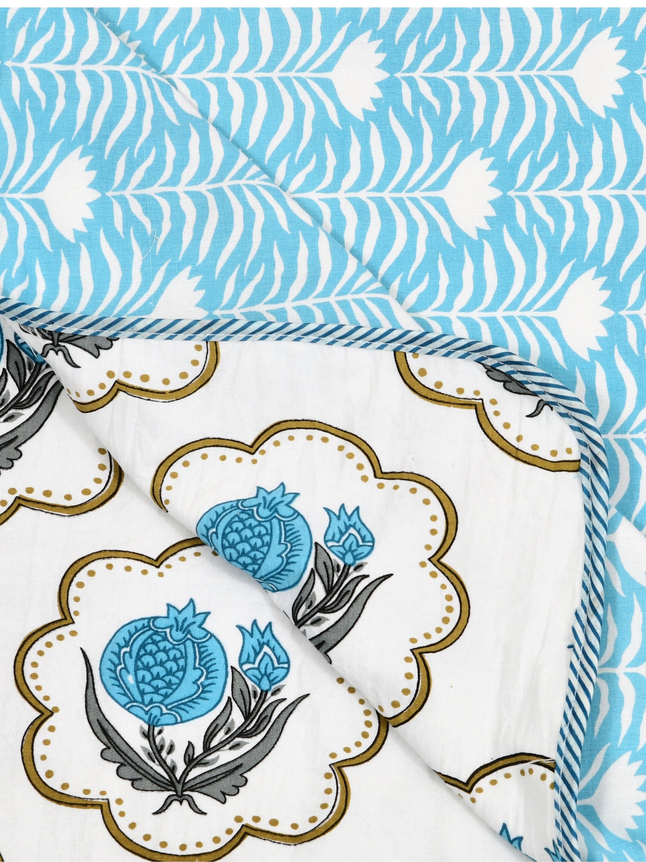 Living Roots Hand Block Floral Printed | Single Bed Dohar Lightweight For Summer Mild Winters AC Reversible Soft Comforter | No Colour Bleeding, Sky Blue Colour, 56*86 inches, 150TC (11-031-B)