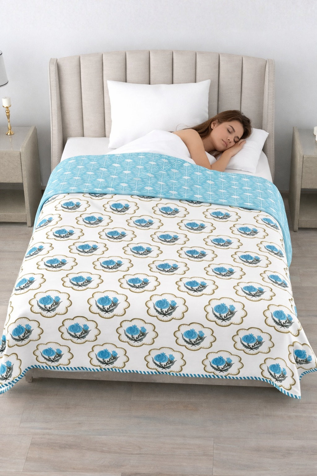 Living Roots Hand Block Floral Printed | Single Bed Dohar Lightweight For Summer Mild Winters AC Reversible Soft Comforter | No Colour Bleeding, Sky Blue Colour, 56*86 inches, 150TC (11-031-B)