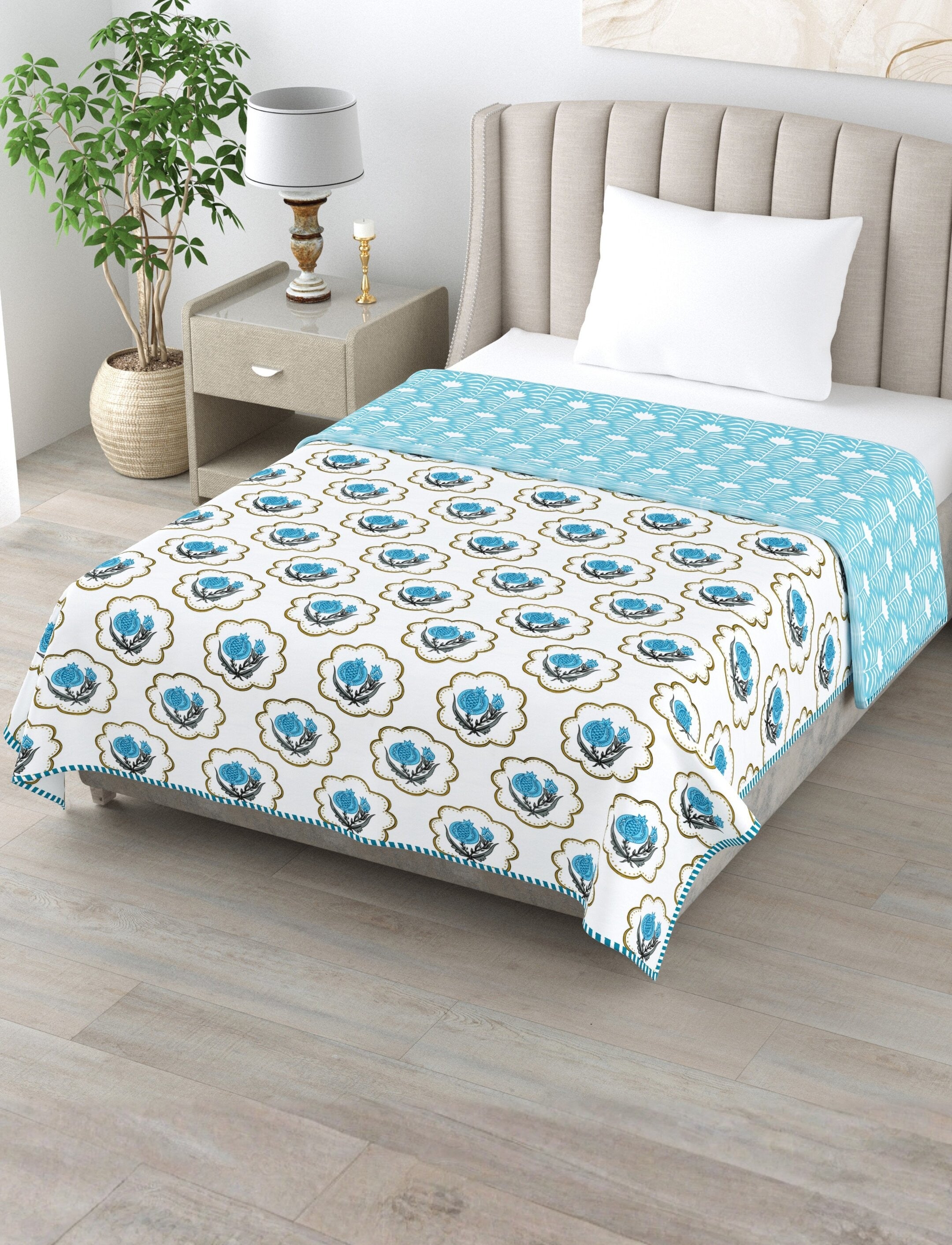 Living Roots Hand Block Floral Printed | Single Bed Dohar Lightweight For Summer Mild Winters AC Reversible Soft Comforter | No Colour Bleeding, Sky Blue Colour, 56*86 inches, 150TC (11-031-B)