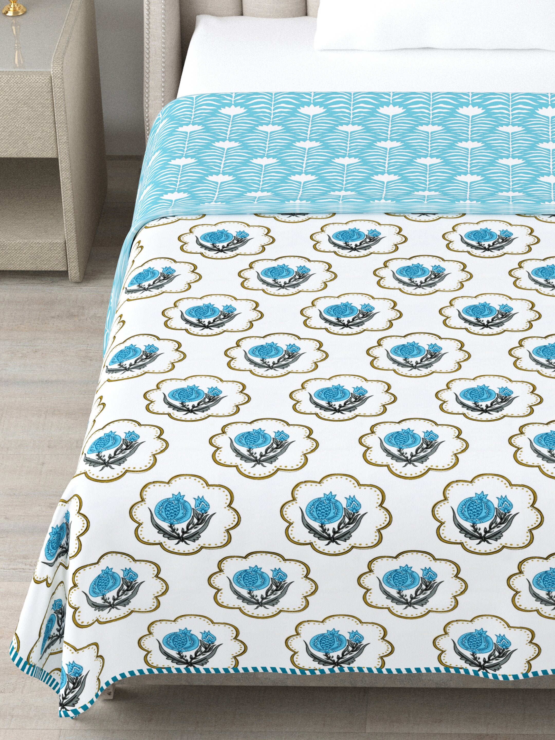 Living Roots Hand Block Floral Printed | Single Bed Dohar Lightweight For Summer Mild Winters AC Reversible Soft Comforter | No Colour Bleeding, Sky Blue Colour, 56*86 inches, 150TC (11-031-B)