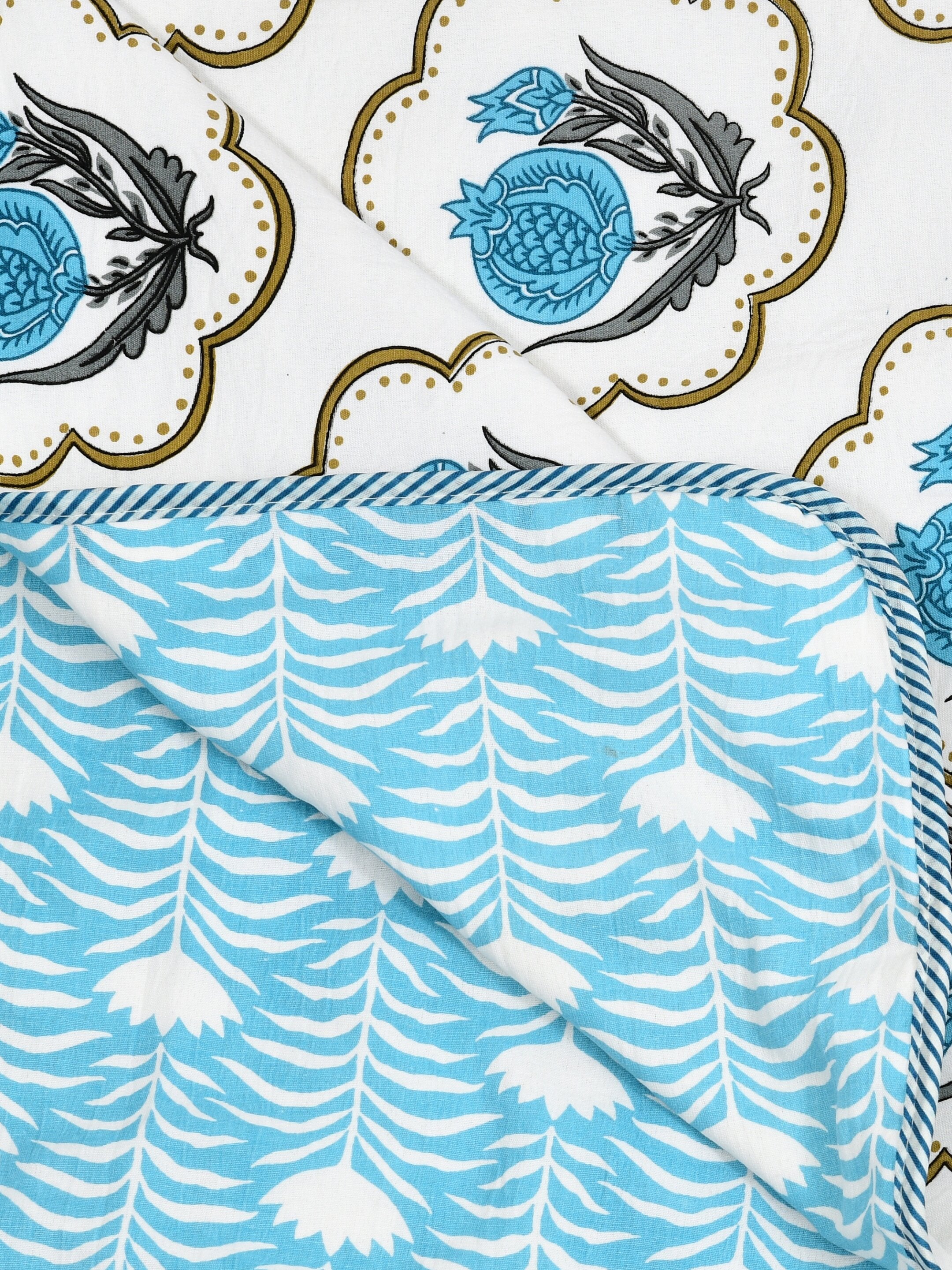 Living Roots Hand Block Floral Printed | Single Bed Dohar Lightweight For Summer Mild Winters AC Reversible Soft Comforter | No Colour Bleeding, Sky Blue Colour, 56*86 inches, 150TC (11-031-B)