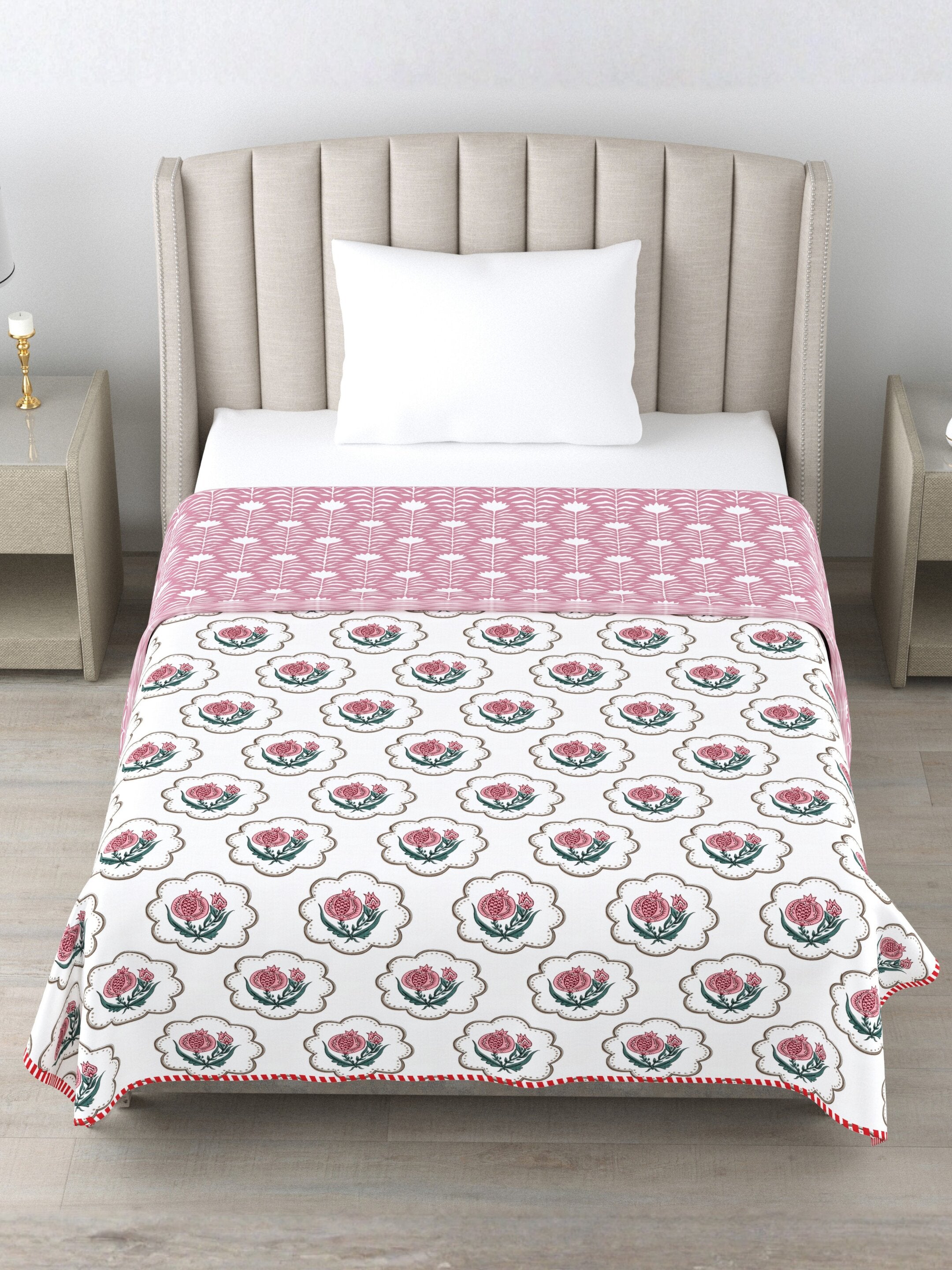Living Roots Hand Block Floral Printed | Single Bed Dohar Lightweight For Summer Mild Winters AC Reversible Soft Comforter | No Colour Bleeding, Pink Colour, 56*86 inches, 150TC (11-031-C)