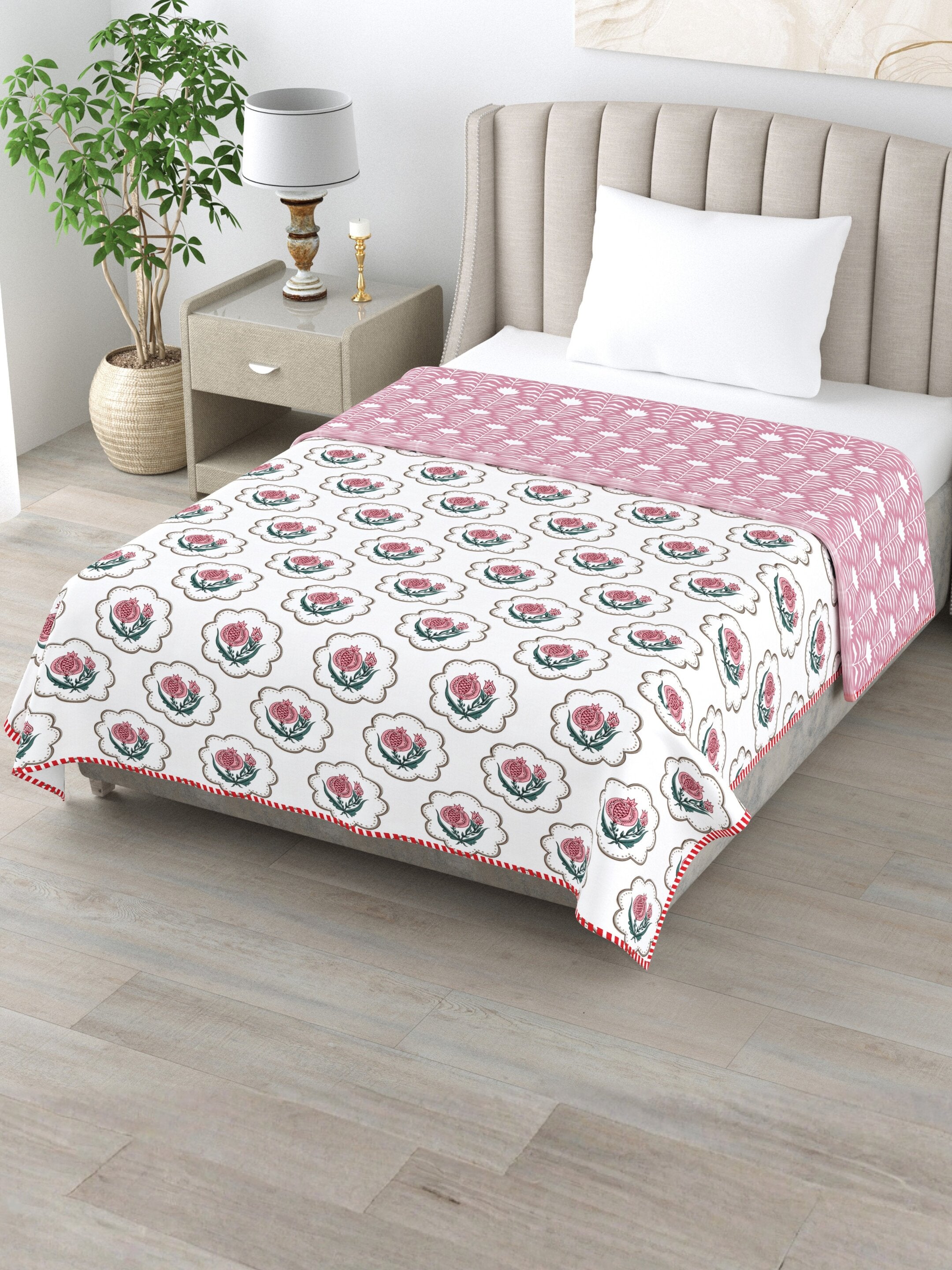 Living Roots Hand Block Floral Printed | Single Bed Dohar Lightweight For Summer Mild Winters AC Reversible Soft Comforter | No Colour Bleeding, Pink Colour, 56*86 inches, 150TC (11-031-C)