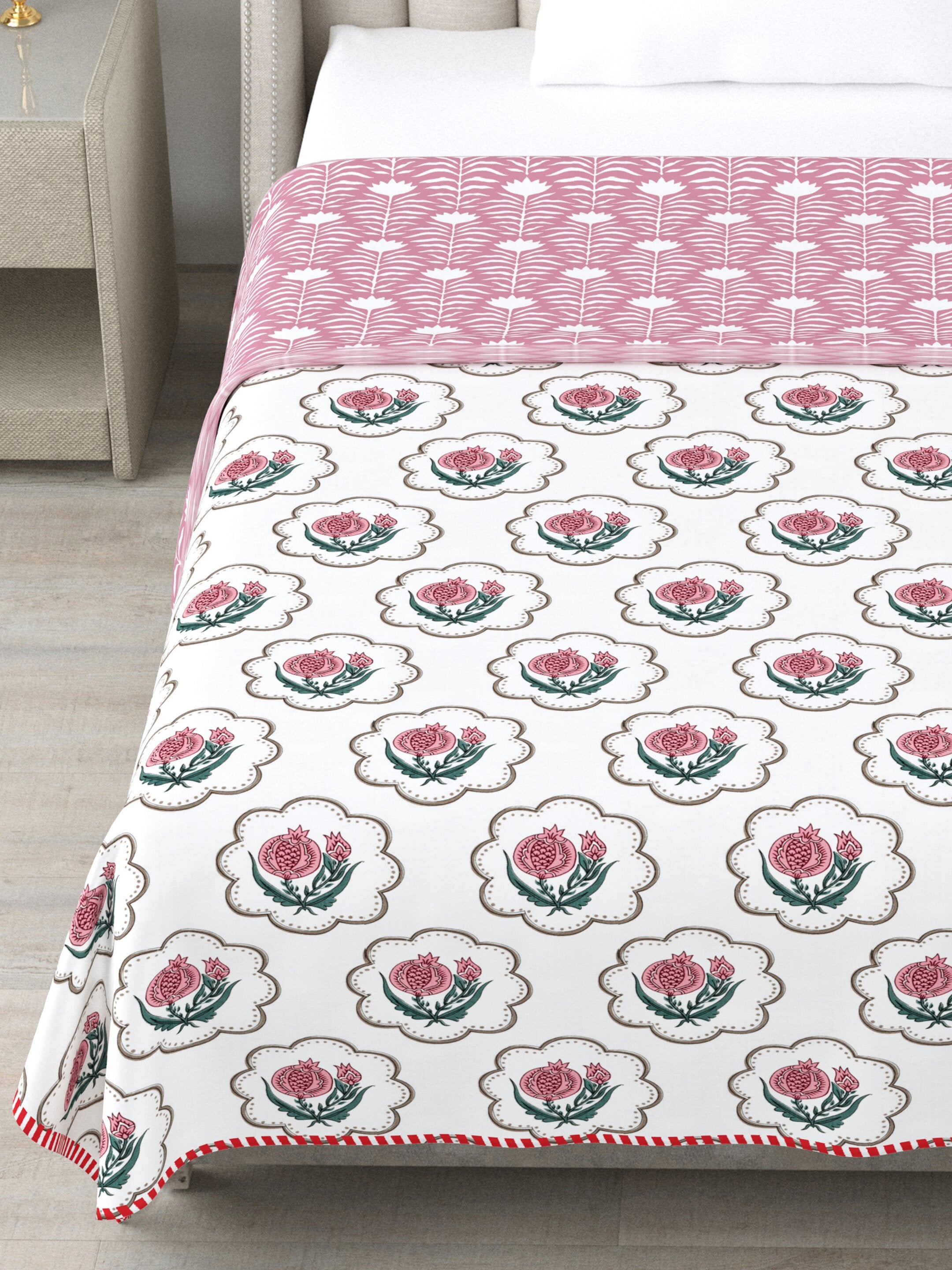 Living Roots Hand Block Floral Printed | Single Bed Dohar Lightweight For Summer Mild Winters AC Reversible Soft Comforter | No Colour Bleeding, Pink Colour, 56*86 inches, 150TC (11-031-C)