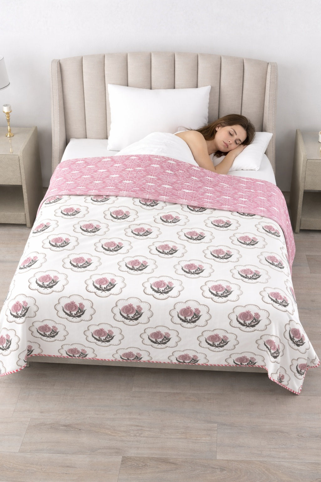 Living Roots Hand Block Floral Printed | Single Bed Dohar Lightweight For Summer Mild Winters AC Reversible Soft Comforter | No Colour Bleeding, Pink Colour, 56*86 inches, 150TC (11-031-C)