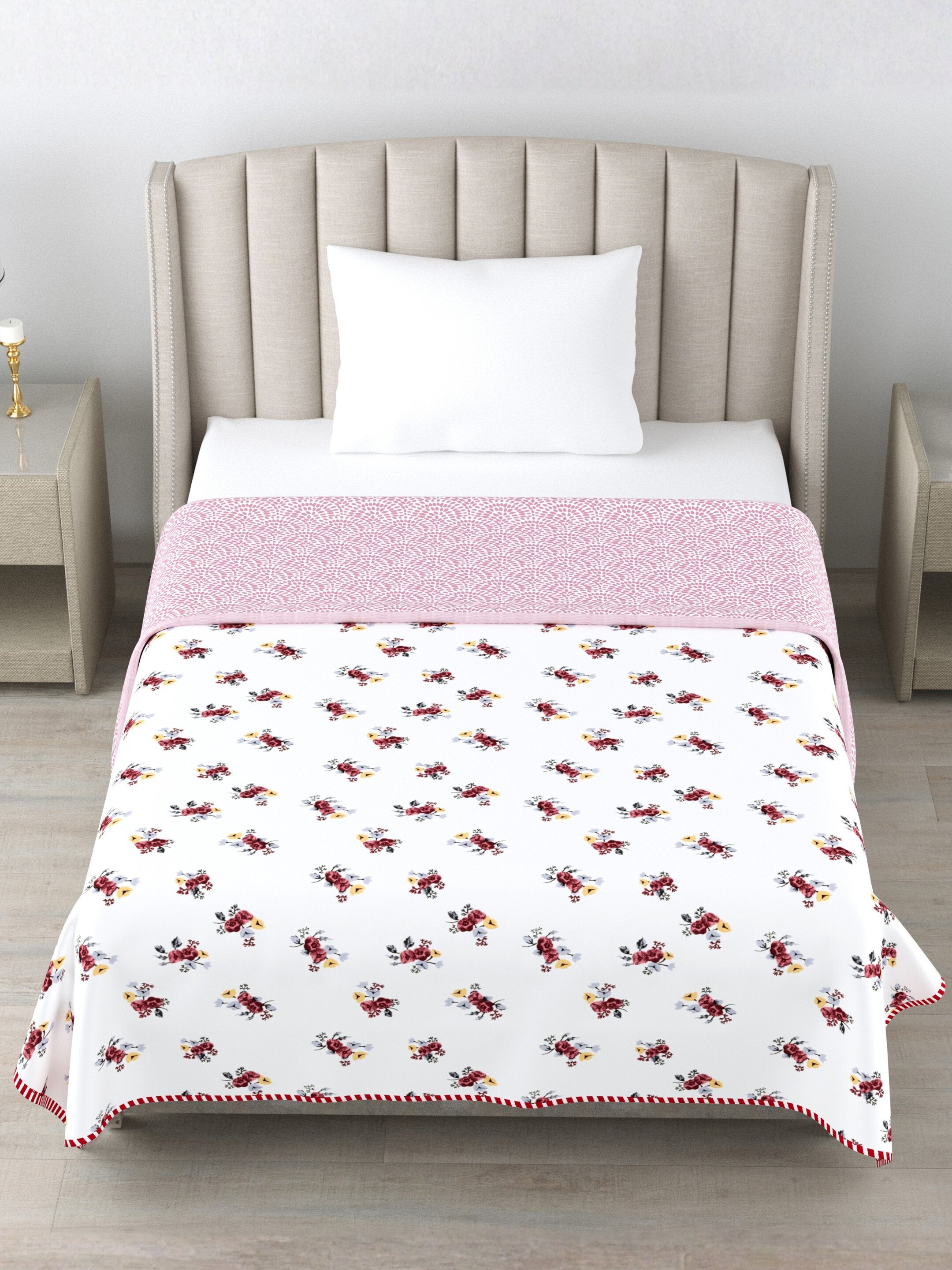 Living Roots Hand Block Floral Printed | Single Bed Dohar Lightweight For Summer Mild Winters AC Reversible Soft Comforter | No Colour Bleeding, Magenta Colour, 56*86 inches, 150TC (11-032-A)