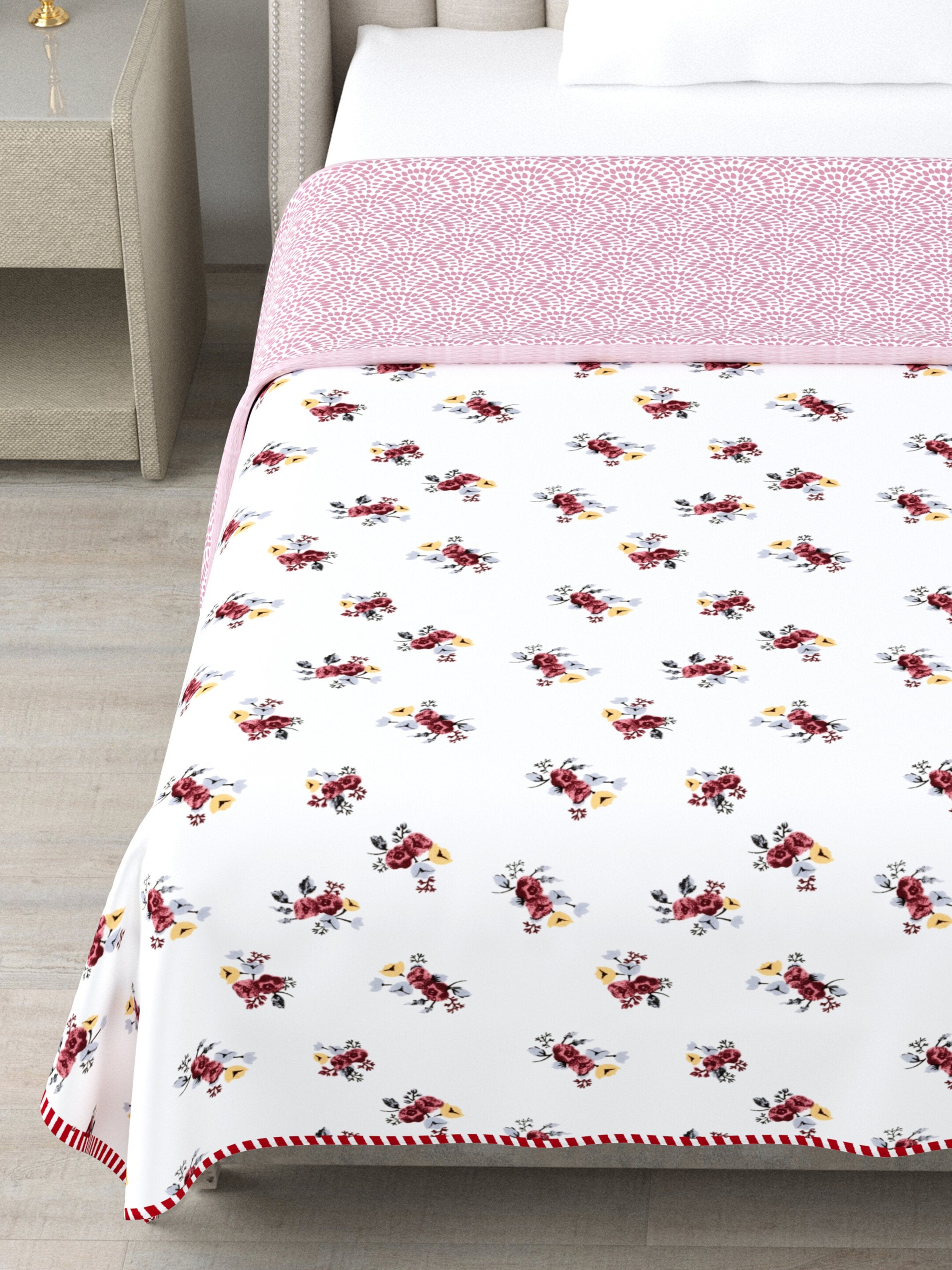 Living Roots Hand Block Floral Printed | Single Bed Dohar Lightweight For Summer Mild Winters AC Reversible Soft Comforter | No Colour Bleeding, Magenta Colour, 56*86 inches, 150TC (11-032-A)