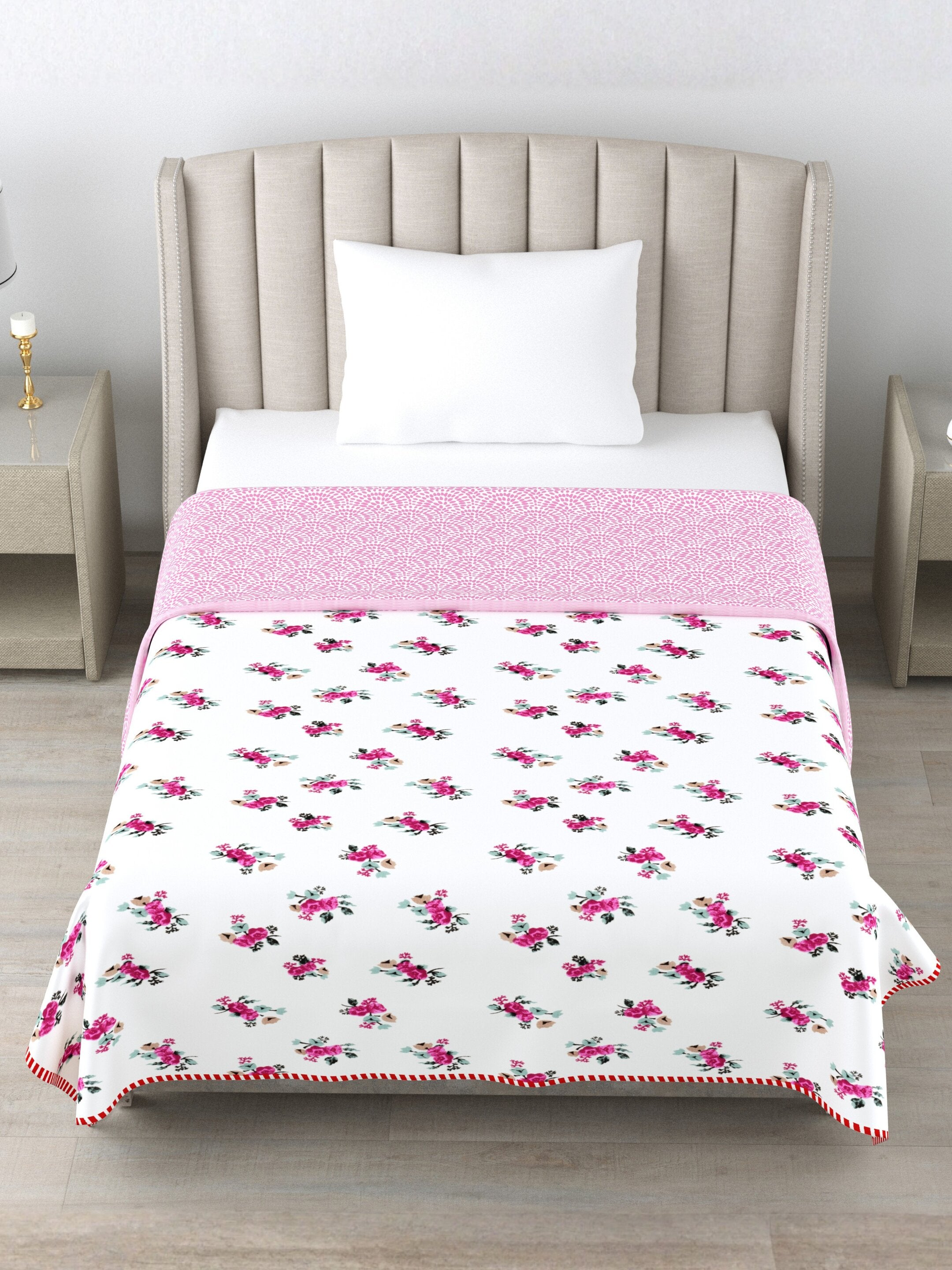 Living Roots Hand Block Floral Printed | Single Bed Dohar Lightweight For Summer Mild Winters AC Reversible Soft Comforter | No Colour Bleeding, Pink Colour, 56*86 inches, 150TC (11-032-B)