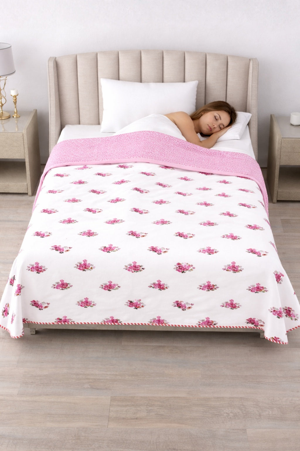 Living Roots Hand Block Floral Printed | Single Bed Dohar Lightweight For Summer Mild Winters AC Reversible Soft Comforter | No Colour Bleeding, Pink Colour, 56*86 inches, 150TC (11-032-B)