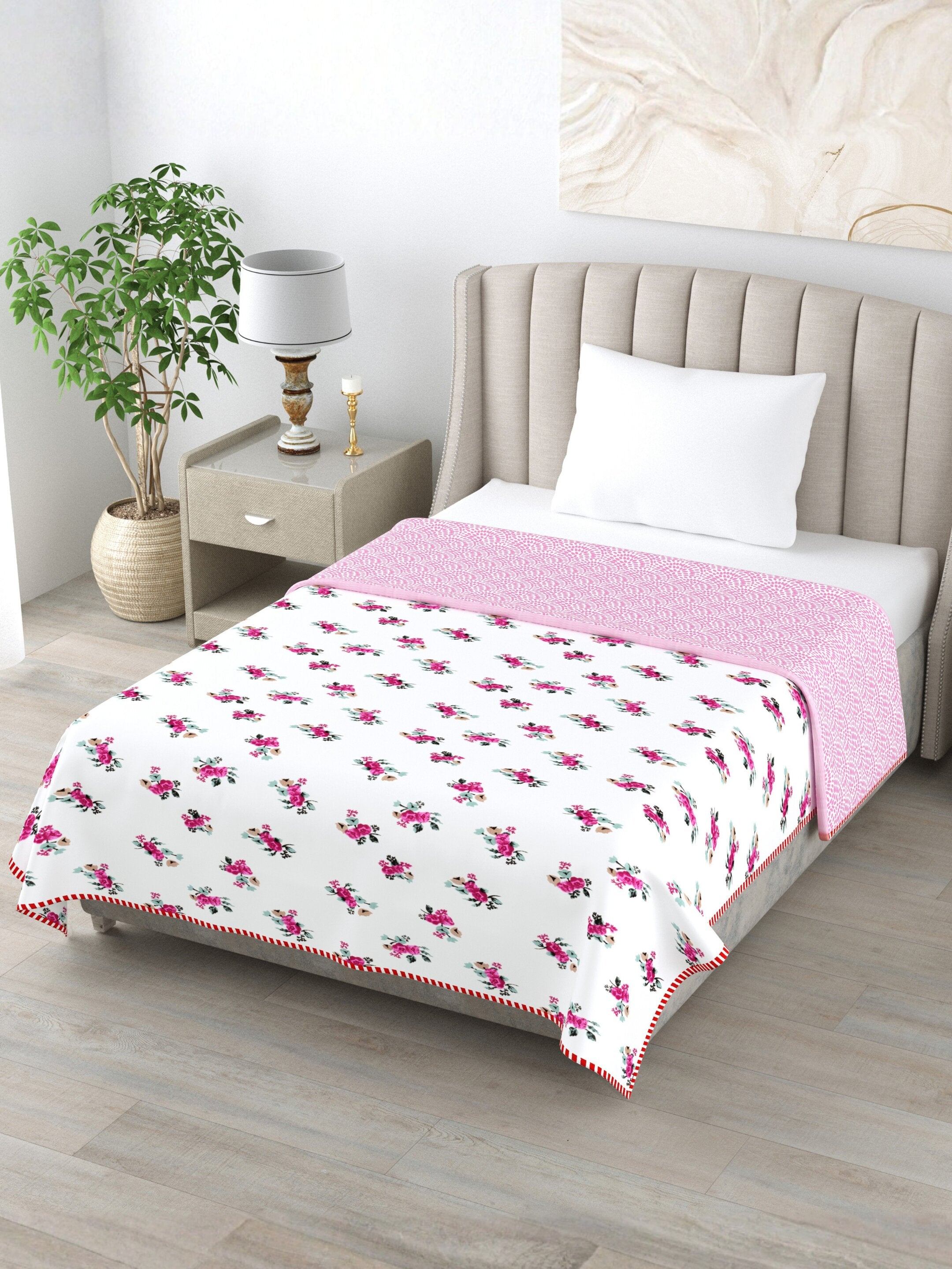 Living Roots Hand Block Floral Printed | Single Bed Dohar Lightweight For Summer Mild Winters AC Reversible Soft Comforter | No Colour Bleeding, Pink Colour, 56*86 inches, 150TC (11-032-B)