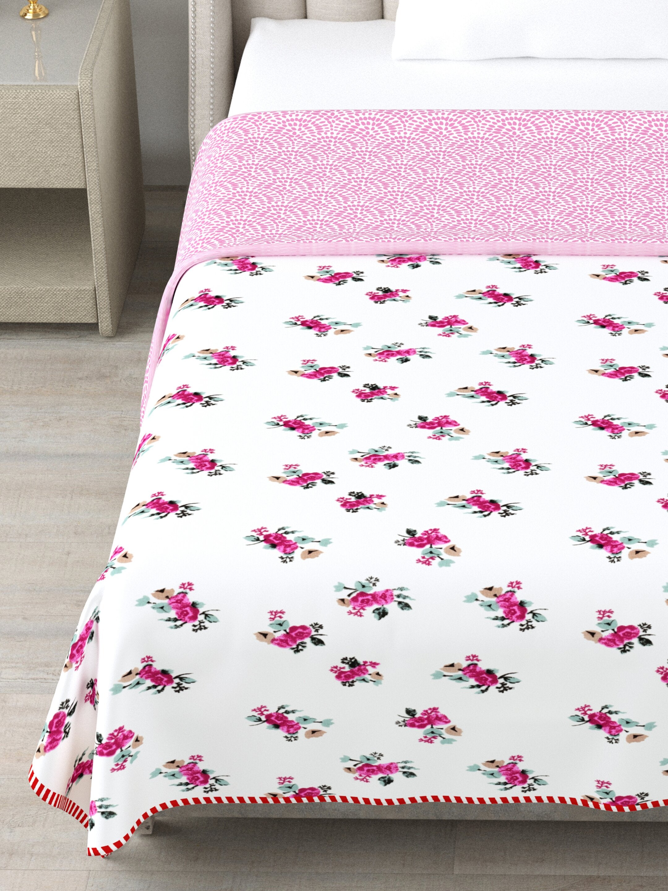 Living Roots Hand Block Floral Printed | Single Bed Dohar Lightweight For Summer Mild Winters AC Reversible Soft Comforter | No Colour Bleeding, Pink Colour, 56*86 inches, 150TC (11-032-B)