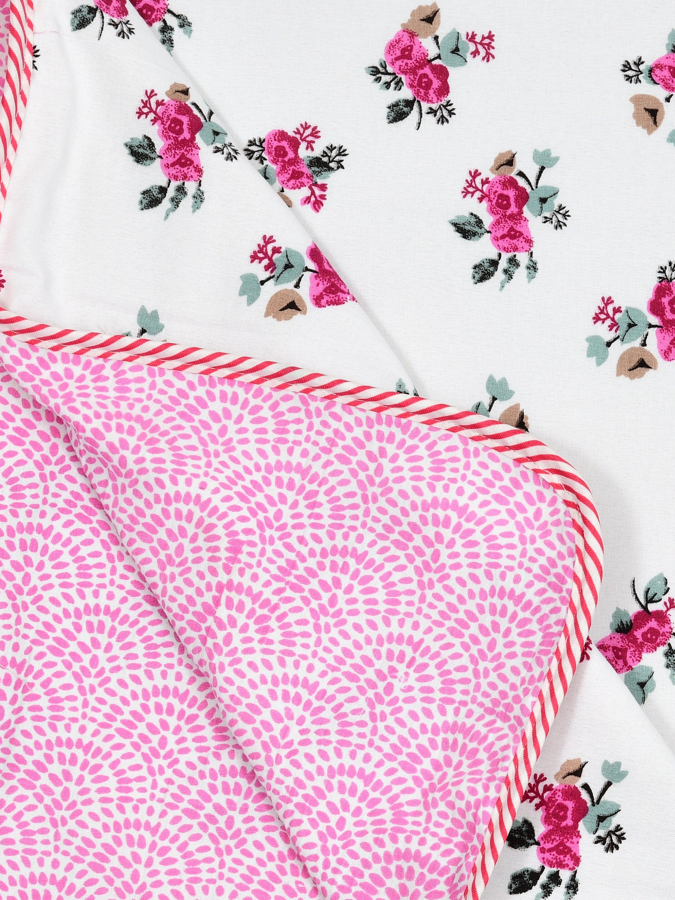 Living Roots Hand Block Floral Printed | Single Bed Dohar Lightweight For Summer Mild Winters AC Reversible Soft Comforter | No Colour Bleeding, Pink Colour, 56*86 inches, 150TC (11-032-B)