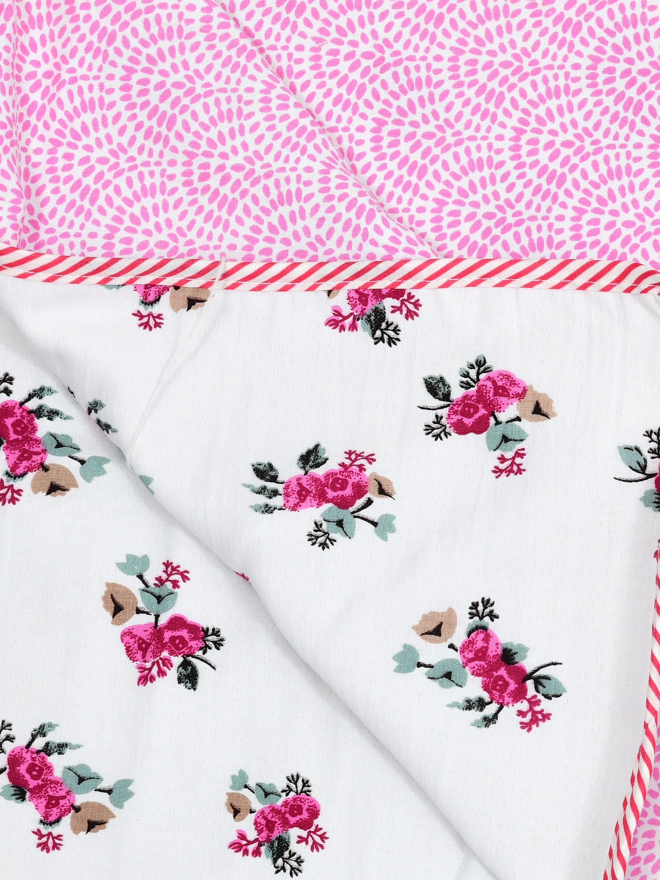 Living Roots Hand Block Floral Printed | Single Bed Dohar Lightweight For Summer Mild Winters AC Reversible Soft Comforter | No Colour Bleeding, Pink Colour, 56*86 inches, 150TC (11-032-B)