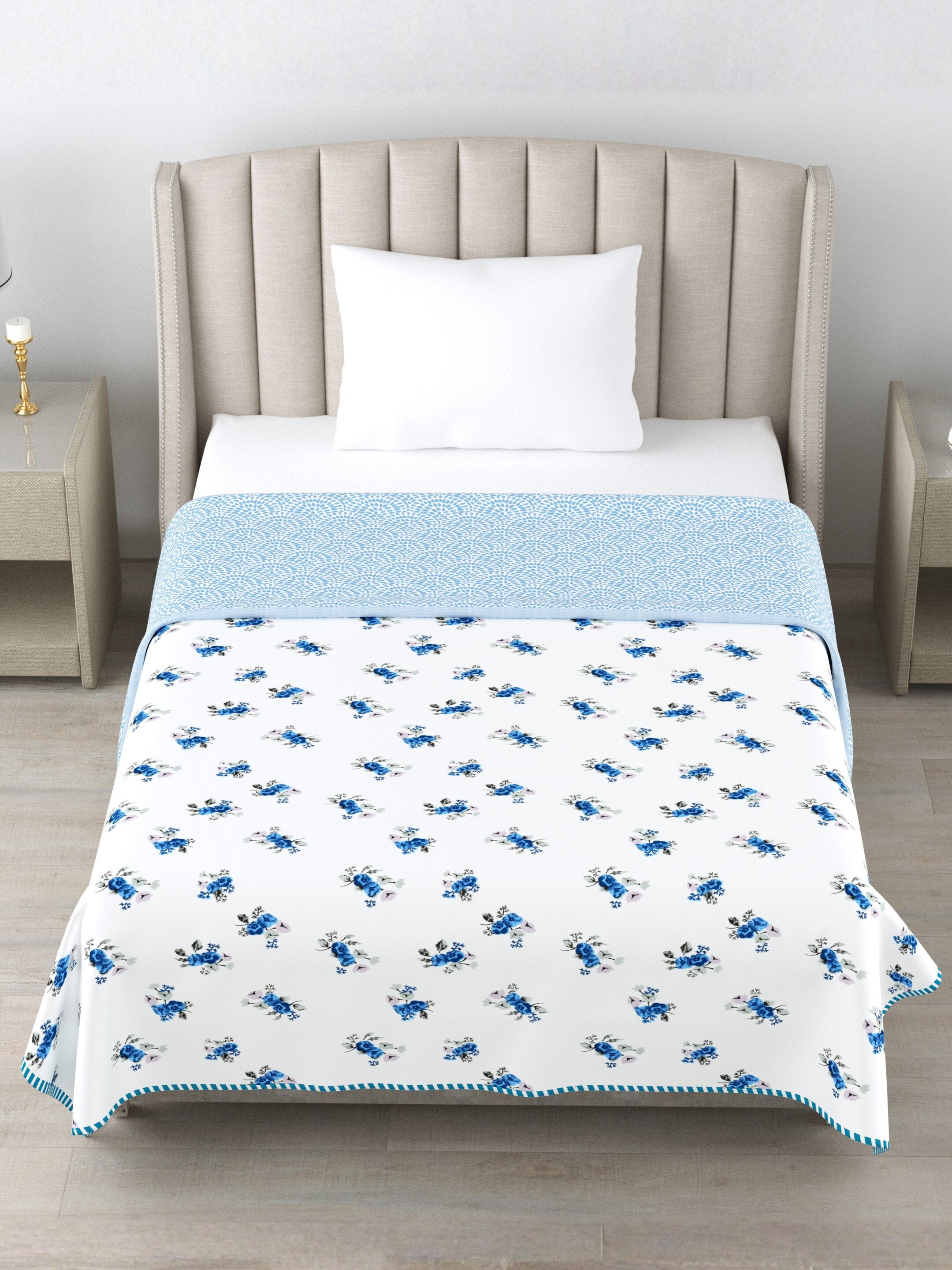 Living Roots Hand Block Floral Printed | Single Bed Dohar Lightweight For Summer Mild Winters AC Reversible Soft Comforter | No Colour Bleeding, Blue Colour, 56*86 inches, 150TC (11-032-C)