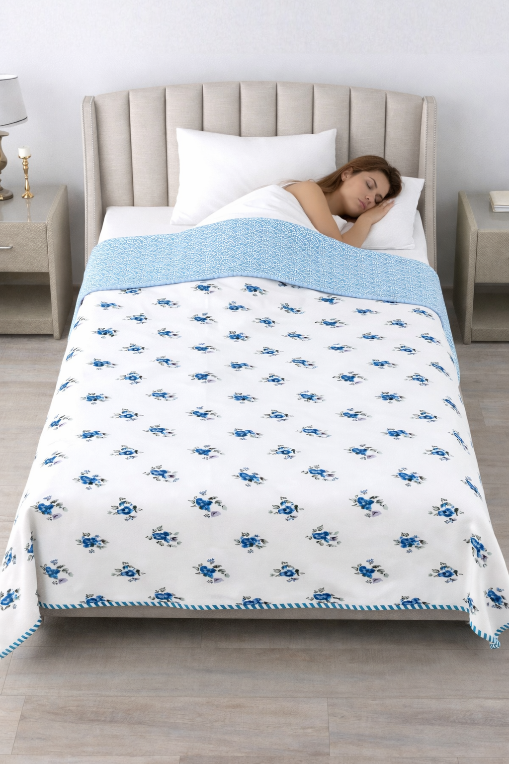 Living Roots Hand Block Floral Printed | Single Bed Dohar Lightweight For Summer Mild Winters AC Reversible Soft Comforter | No Colour Bleeding, Blue Colour, 56*86 inches, 150TC (11-032-C)