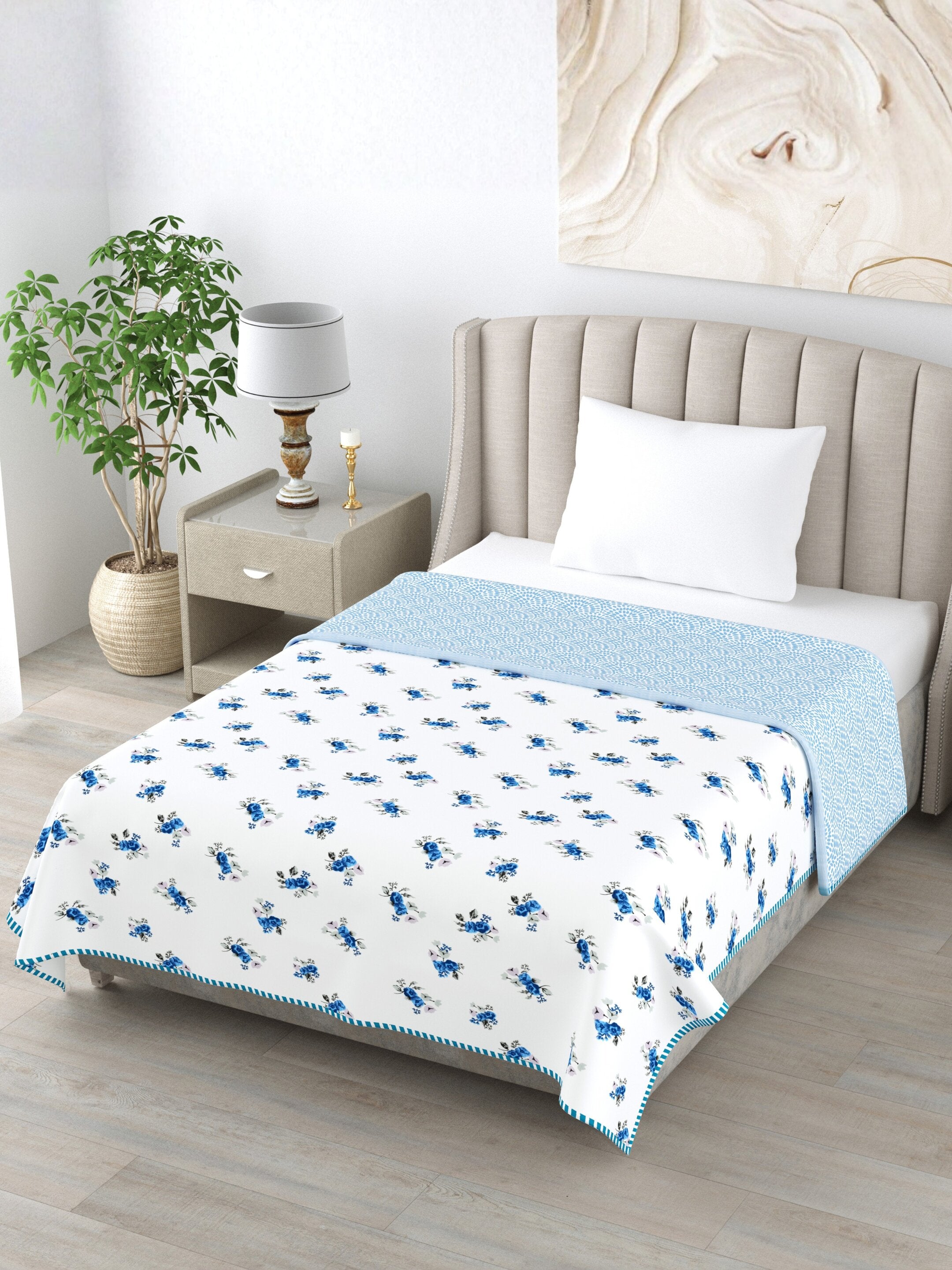 Living Roots Hand Block Floral Printed | Single Bed Dohar Lightweight For Summer Mild Winters AC Reversible Soft Comforter | No Colour Bleeding, Blue Colour, 56*86 inches, 150TC (11-032-C)